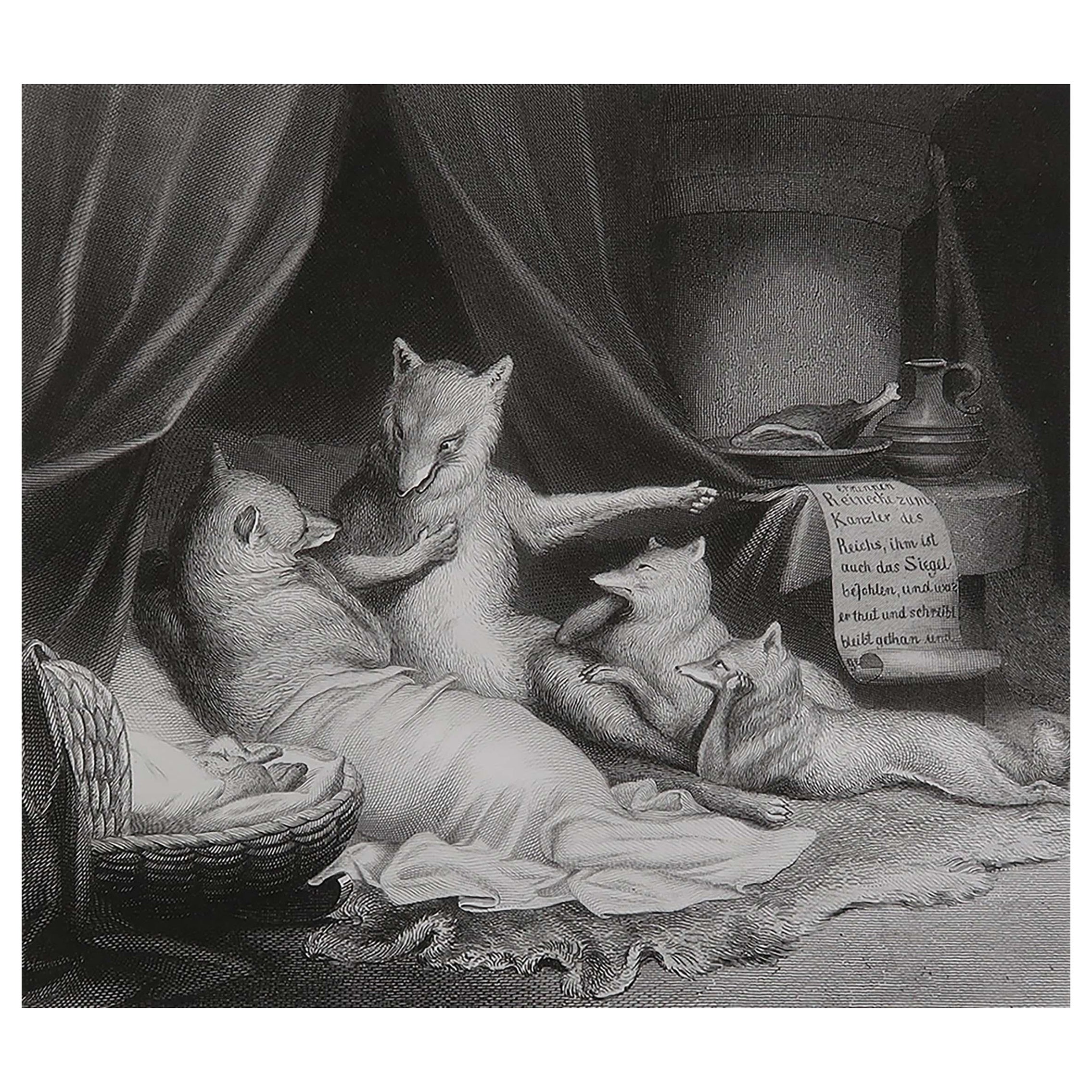 Gravure ancienne originale d'après H. Leutemann, Reynard le renard relatant ses aventures