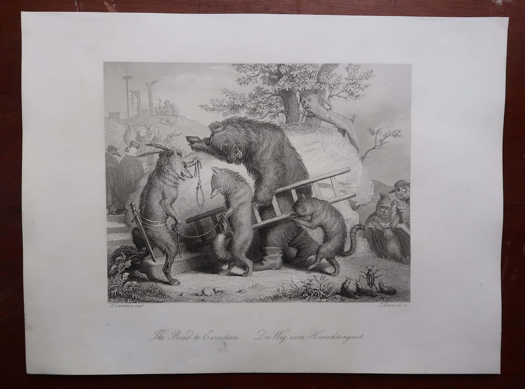 Forêt-Noire Gravure ancienne originale d'après H. Leutemann, Reynard le Renard - Le chemin de l'exécution en vente