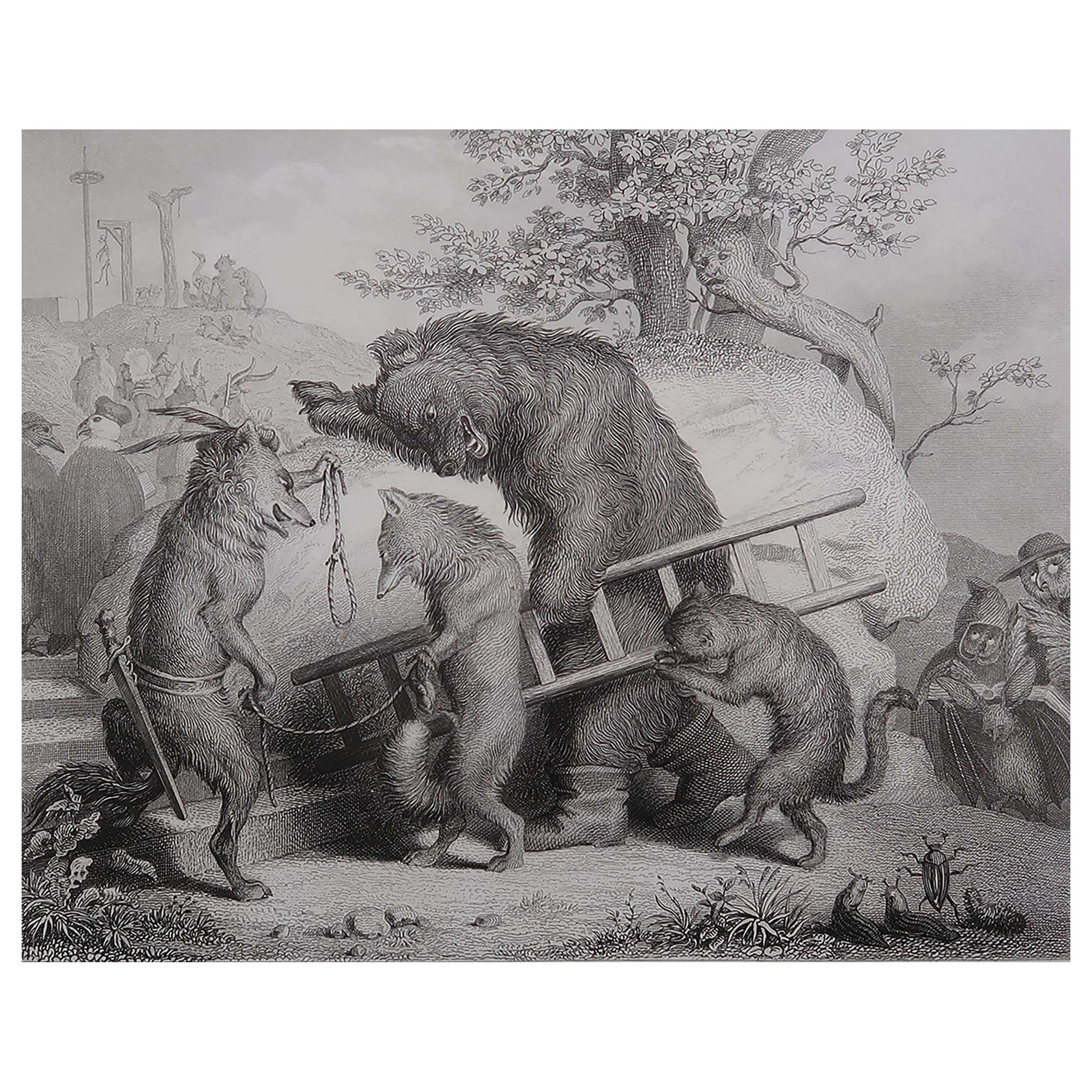 Gravure ancienne originale d'après H. Leutemann, Reynard le Renard - Le chemin de l'exécution en vente