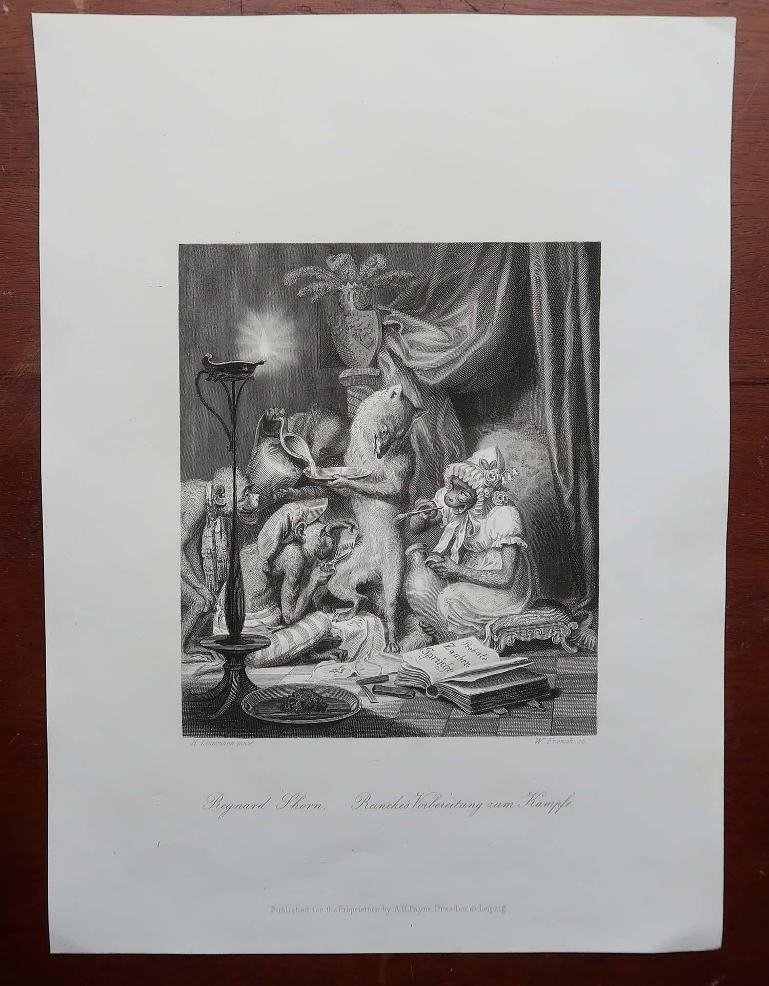 Forêt-Noire Gravure ancienne originale d'après H. Leutemann, Reynard le Renard Taillé en vente