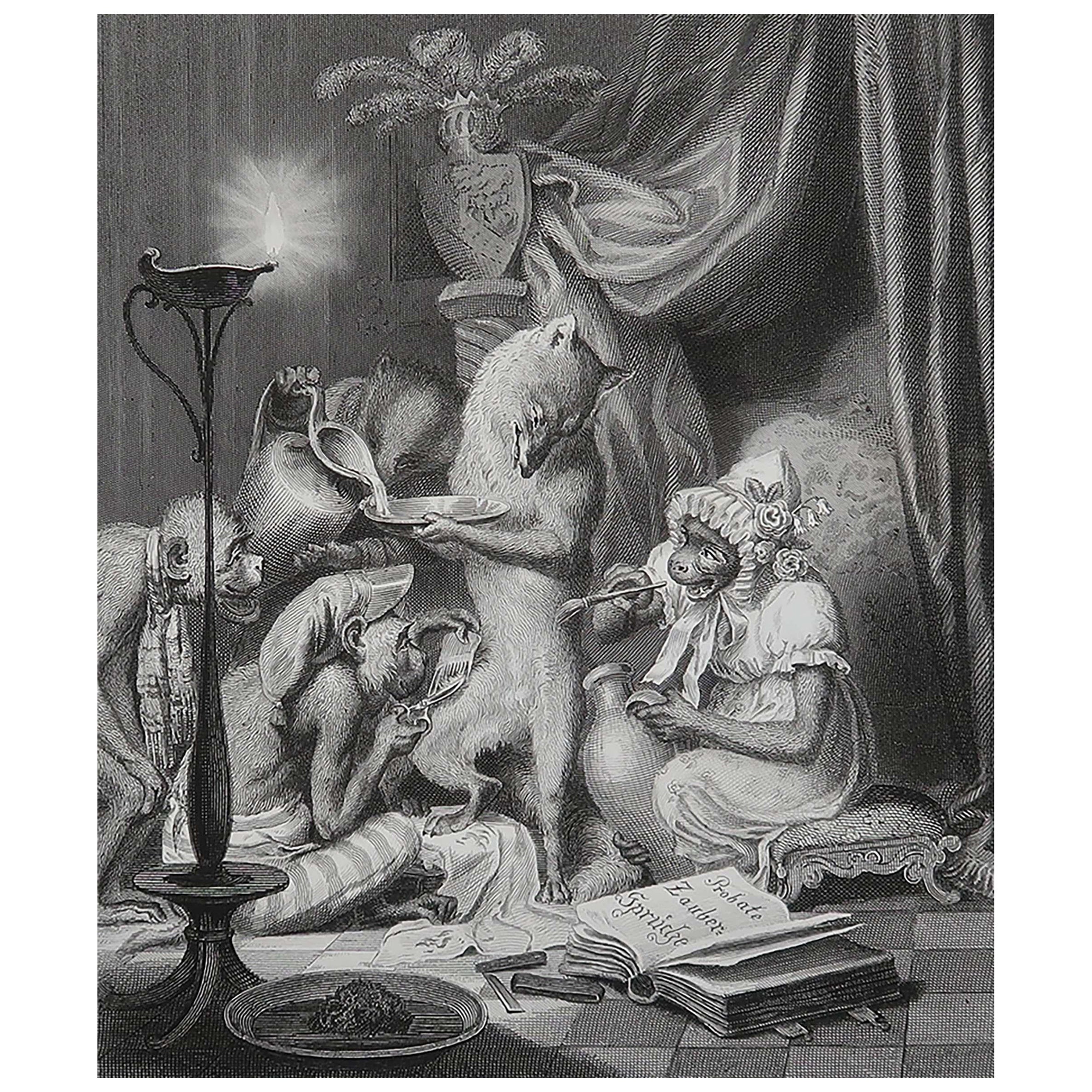 Gravure ancienne originale d'après H. Leutemann, Reynard le Renard Taillé