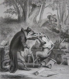 Antiker Originaldruck nach H. Leutemann, Reynard der Fuchs lehrt das Glaubensbekenntnis