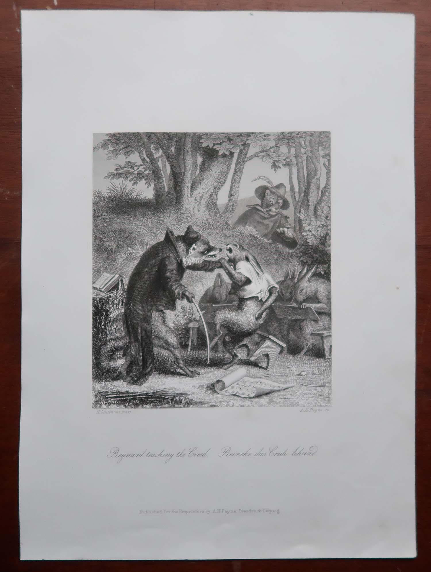 Forêt-Noire Gravure ancienne originale d'après H. Leutemann, Reynard le Renard enseignant le Credo en vente