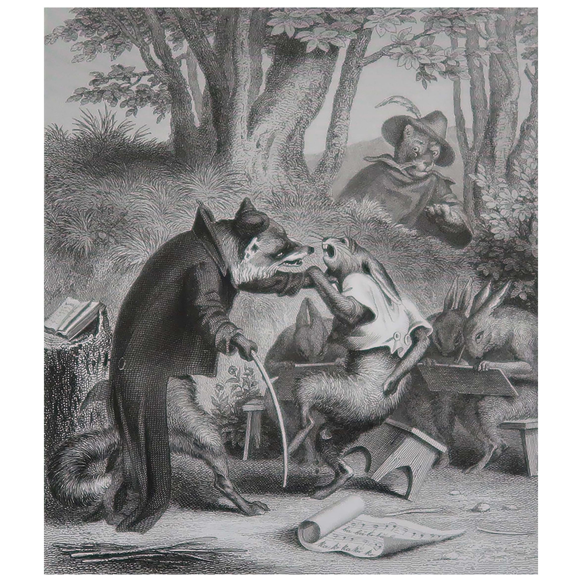 Gravure ancienne originale d'après H. Leutemann, Reynard le Renard enseignant le Credo