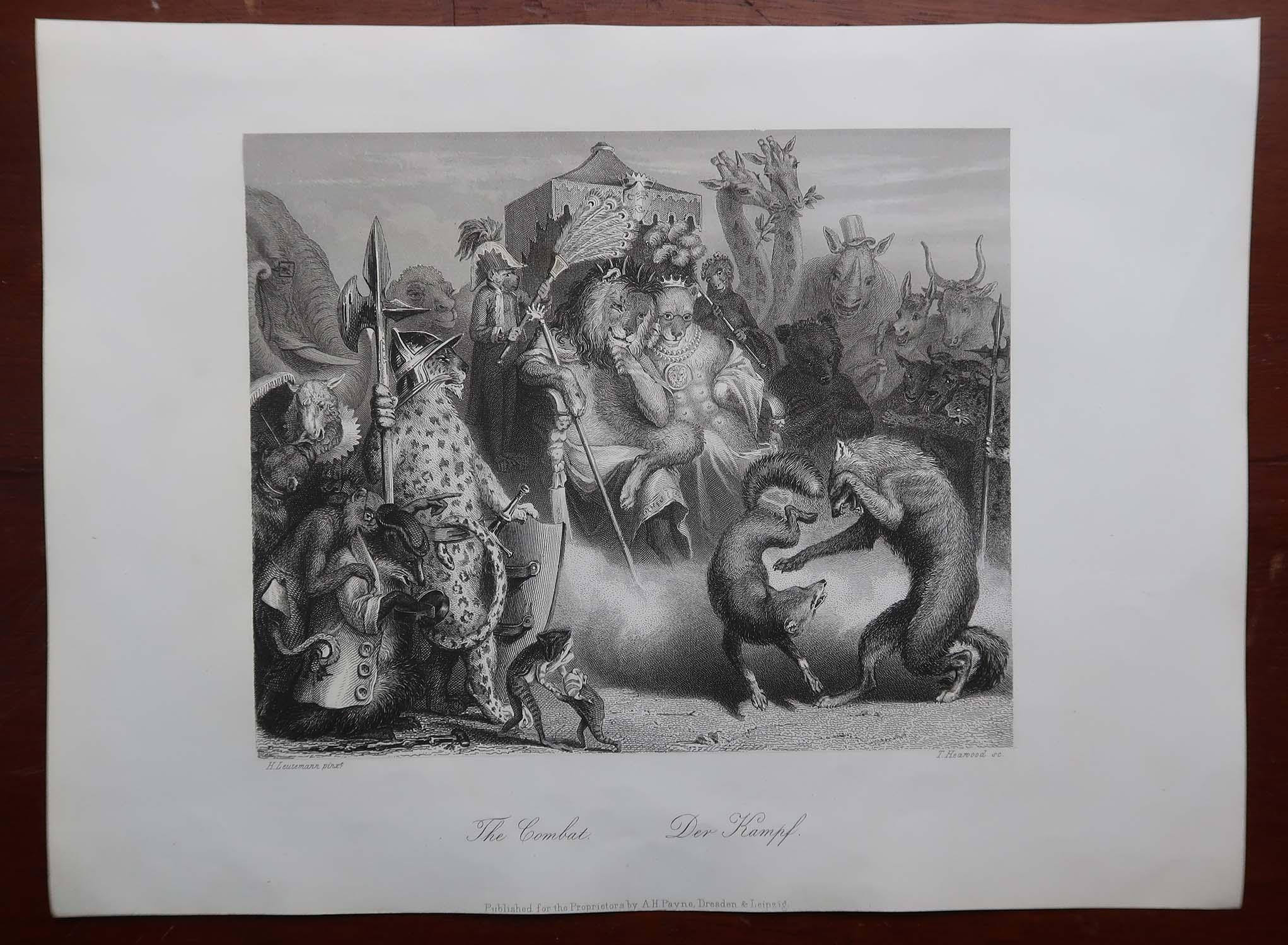 Anglais Gravure ancienne originale d'après H. Leutemann, Reynard le Renard - Le Combat en vente