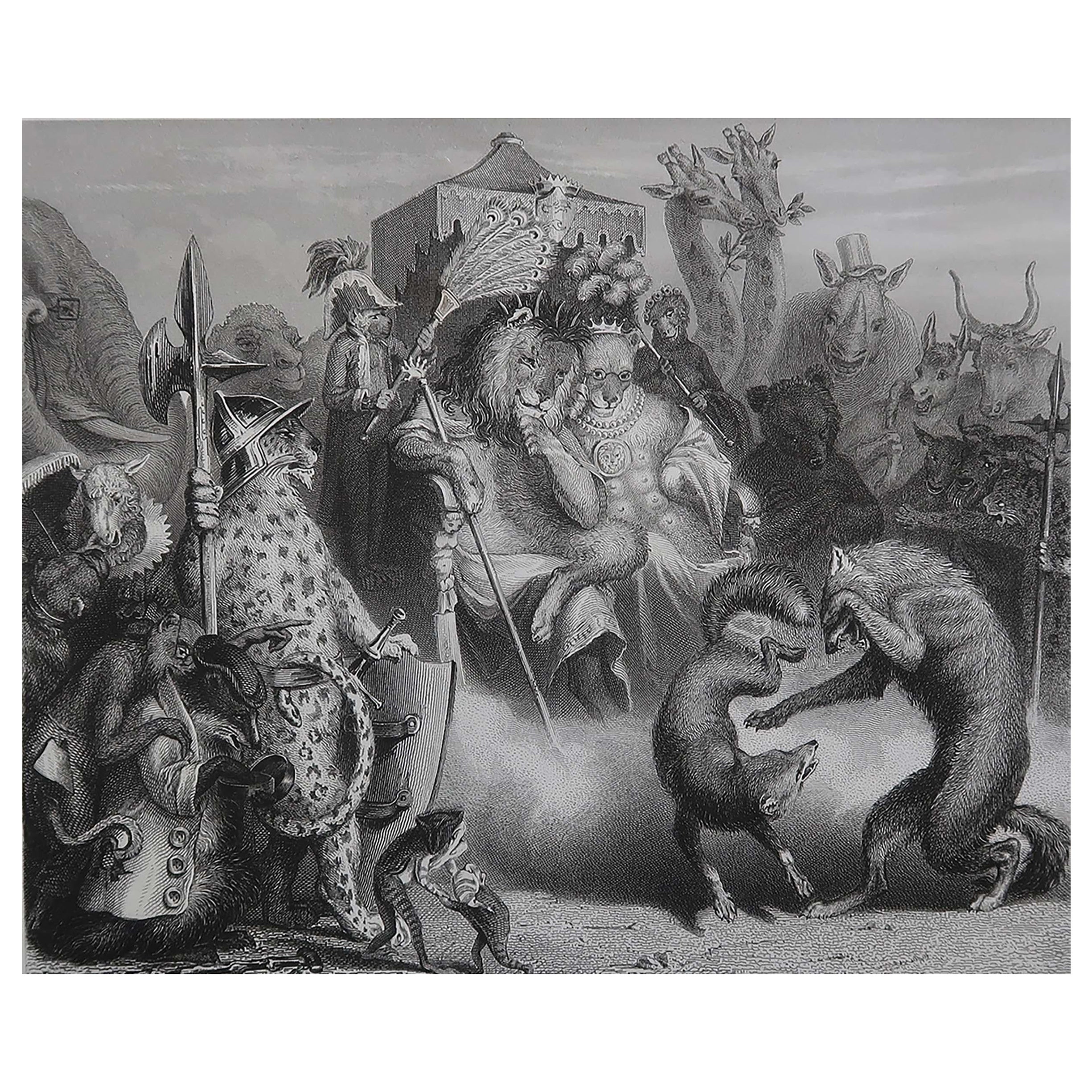 Gravure ancienne originale d'après H. Leutemann, Reynard le Renard - Le Combat