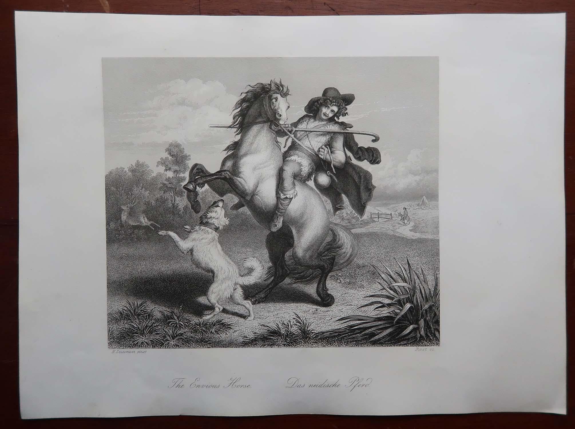 Anglais Gravure ancienne originale d'après H. Leutemann, Reynard le renard - Le cheval envieux en vente
