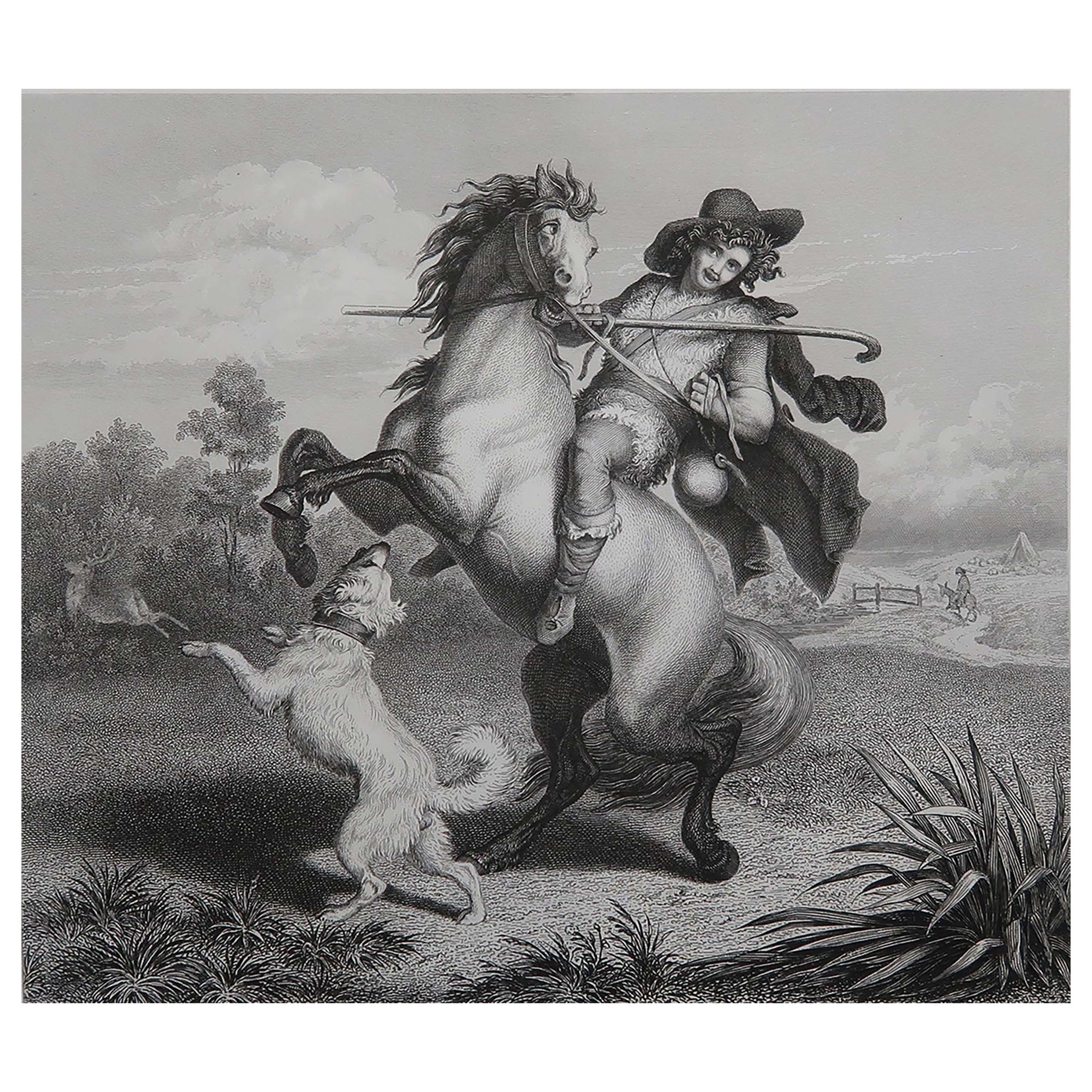 Gravure ancienne originale d
après H. Leutemann, Reynard le renard - Le cheval envieux