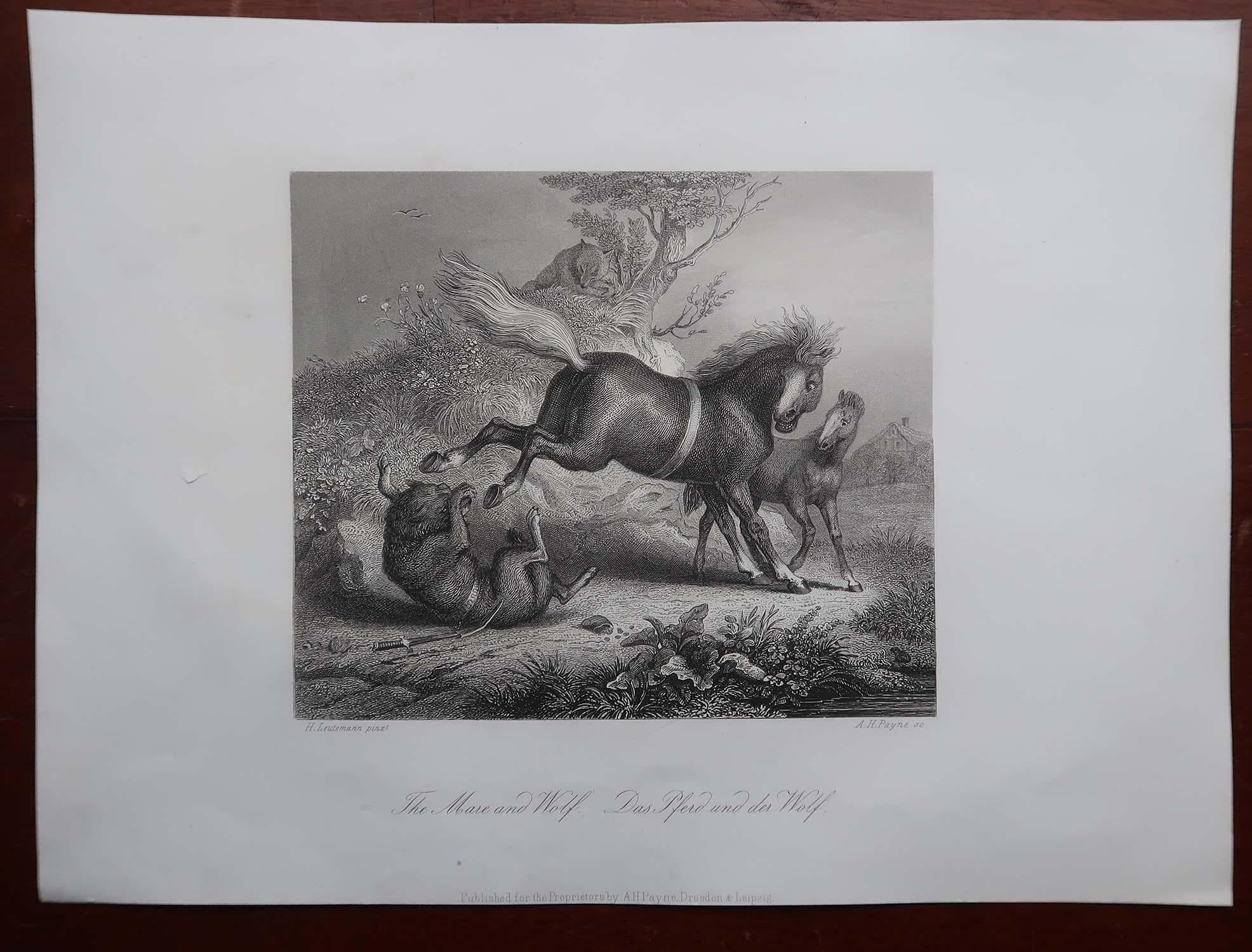 Anglais Gravure ancienne originale d'après H. Leutemann, Reynard le Renard - La Jument et le Loup en vente