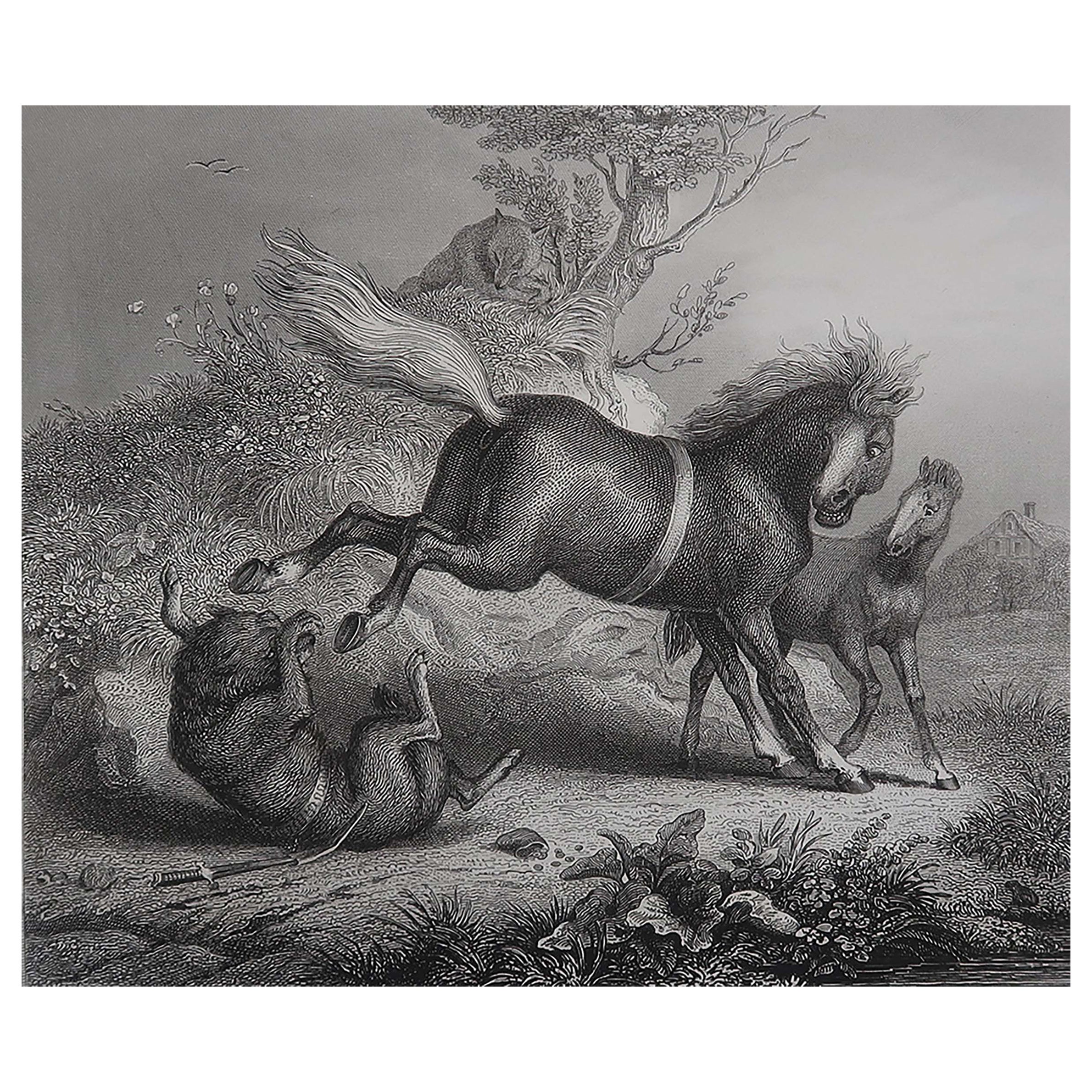 Gravure ancienne originale d'après H. Leutemann, Reynard le Renard - La Jument et le Loup