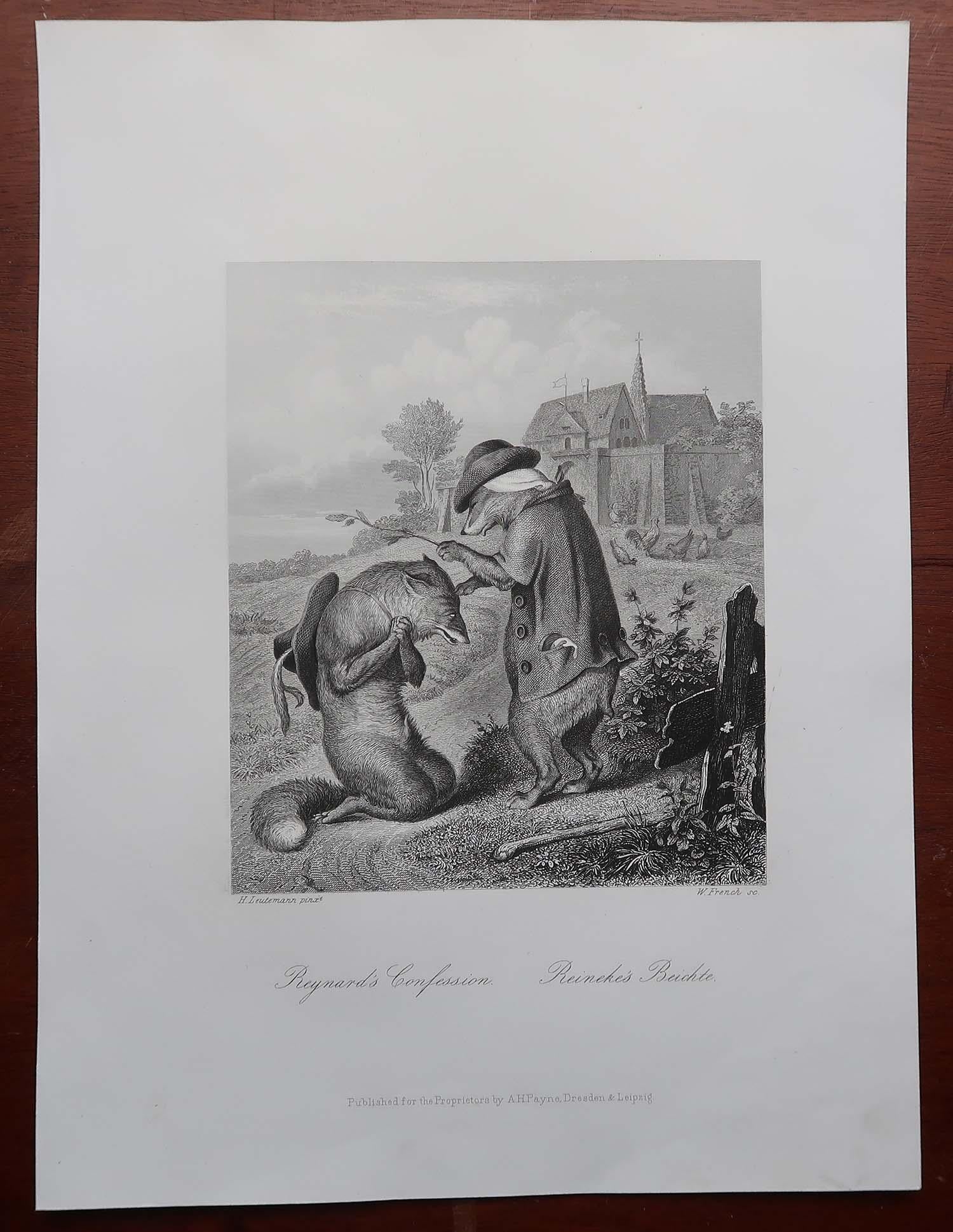 Anglais Gravure ancienne originale d'après H. Leutemann, La confusion de Reynard le renard en vente