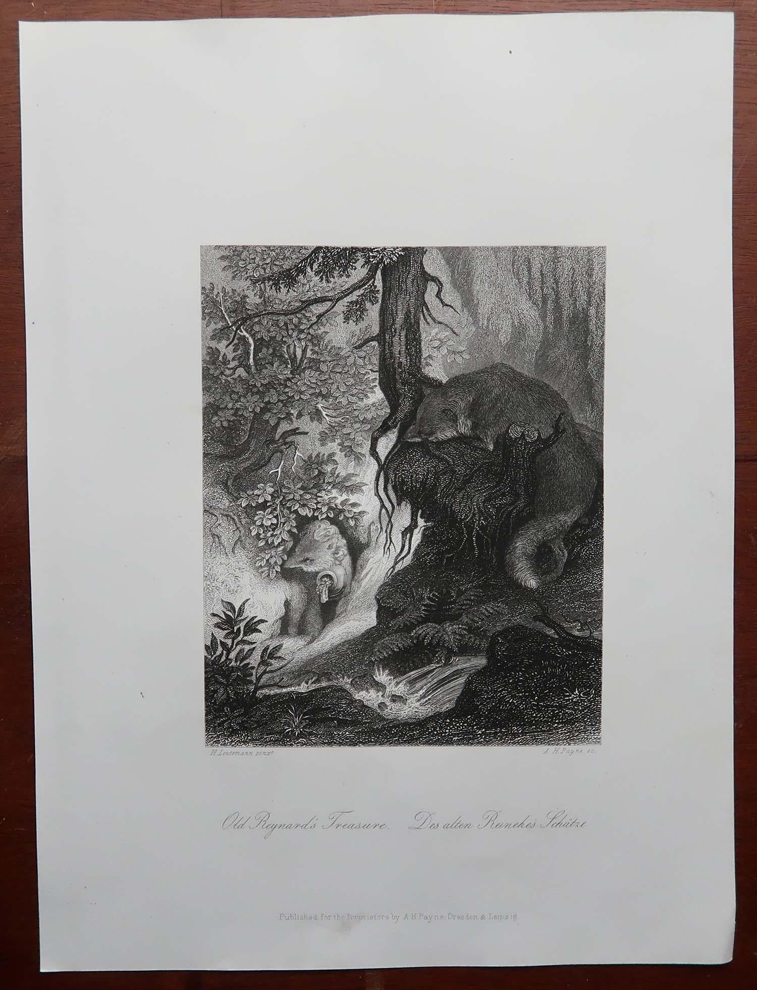 Anglais Gravure ancienne originale d'après H. Leutemann, Le trésor de Reynard le renard en vente