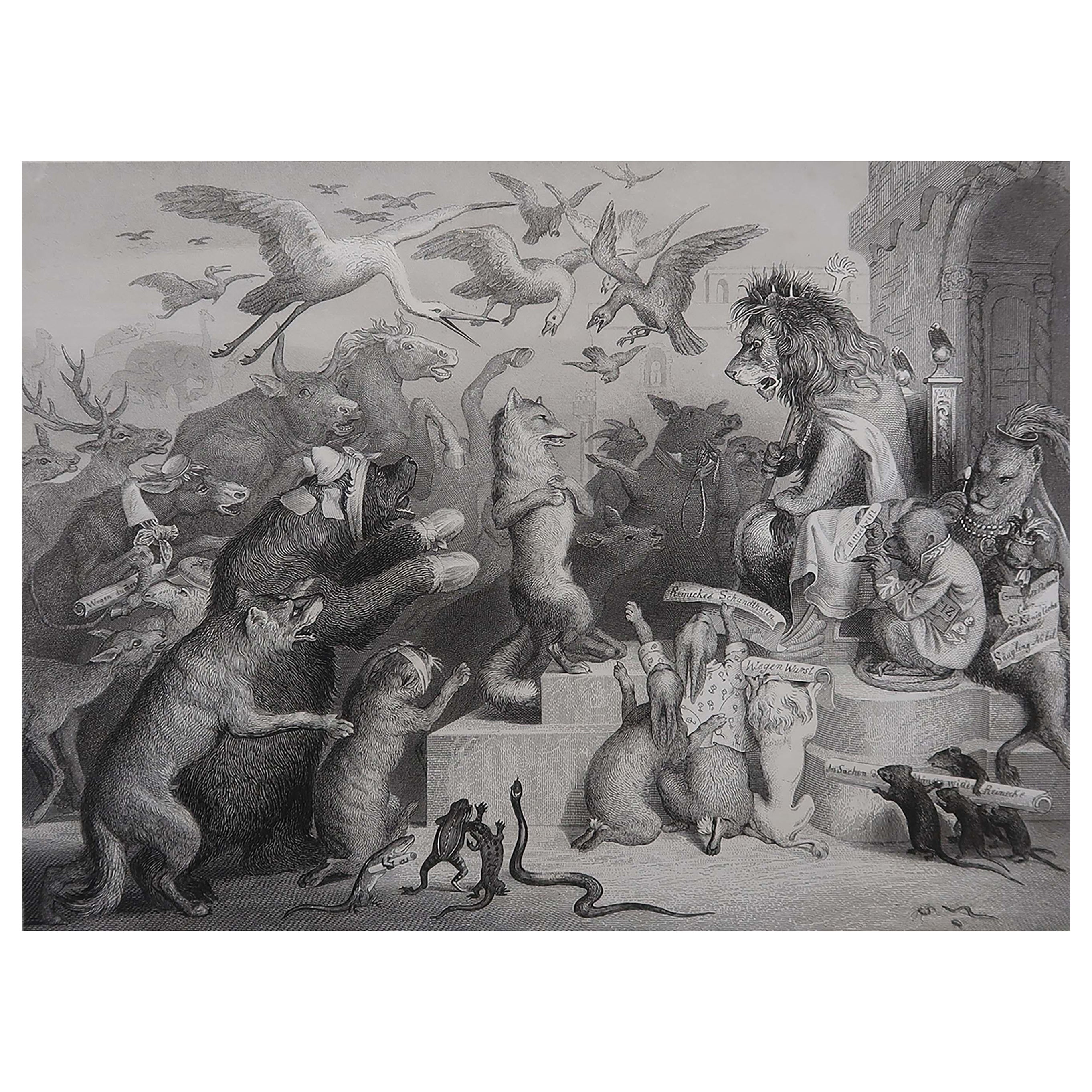 Gravure ancienne originale d'après H. Leutemann, Le procès de Reynard le Renard