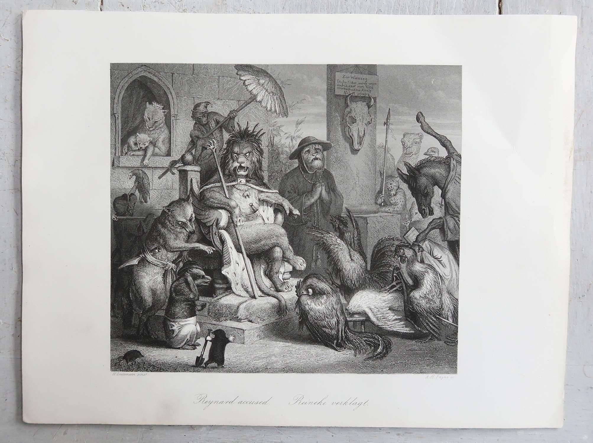 English Original Antique Print After Heinrich Leutemann, Reynard the Fox Accused For Sale
