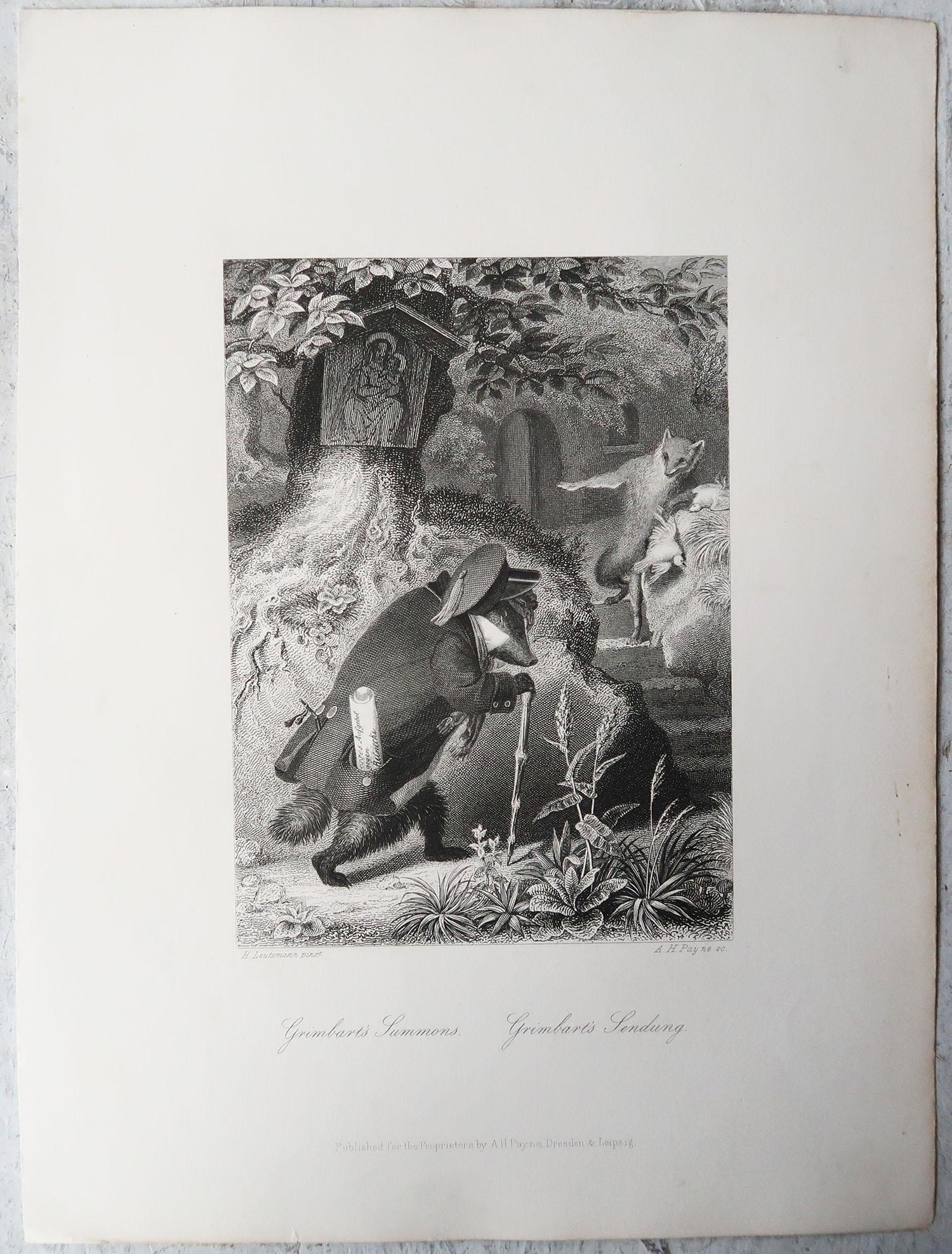 English Original Antique Print After Heinrich Leutemann, Reynard the Fox and Grimbart For Sale