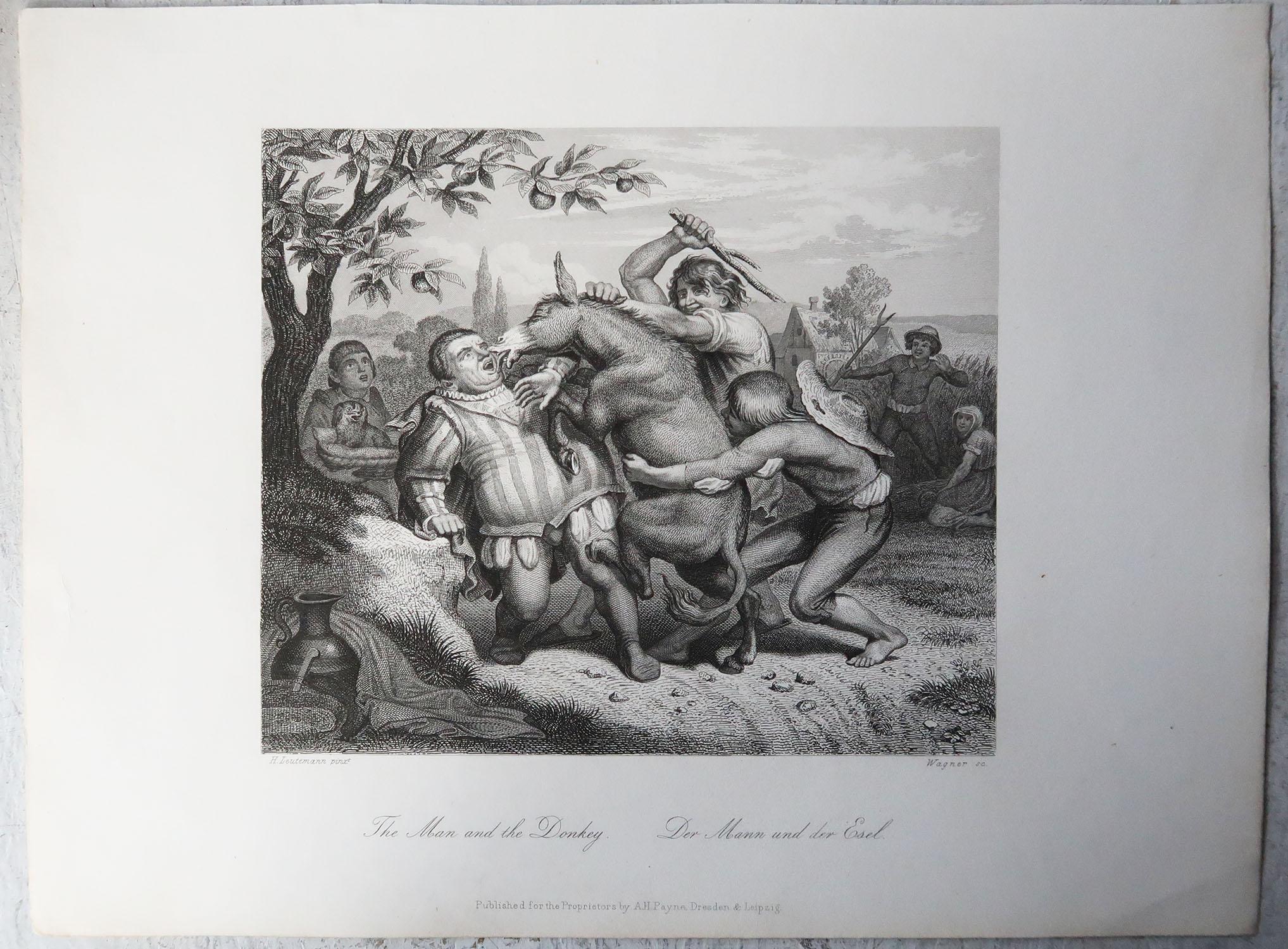 Black Forest Original Antique Print After Heinrich Leutemann, Reynard The Fox, Man & Donkey For Sale