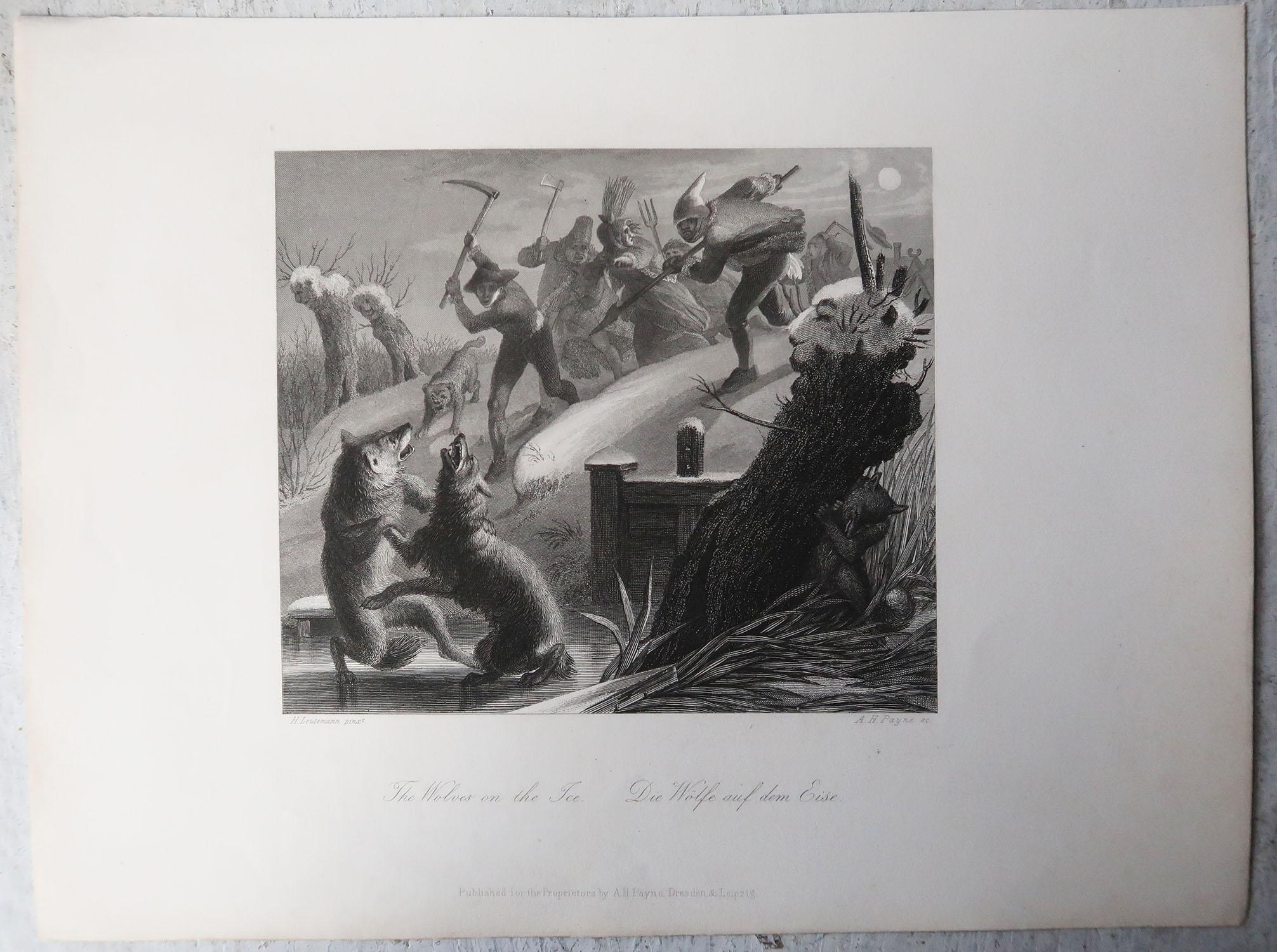 Black Forest Original Antique Print After Heinrich Leutemann, Reynard The Fox, Wolves On Ice For Sale