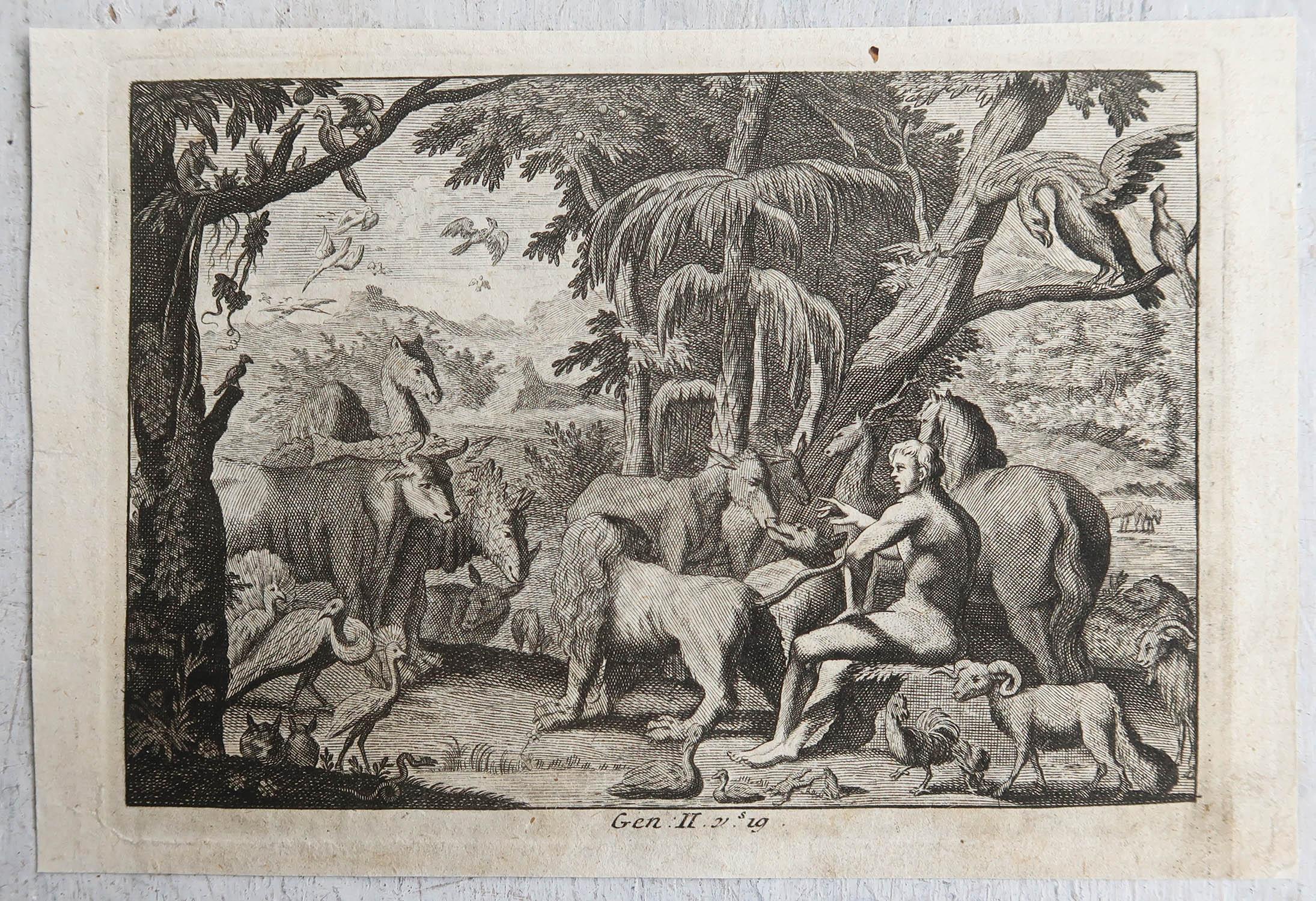 Néerlandais Impression d'origine ancienne d'après Jan Luyken, Amsterdam, Genesis II, 1724 en vente