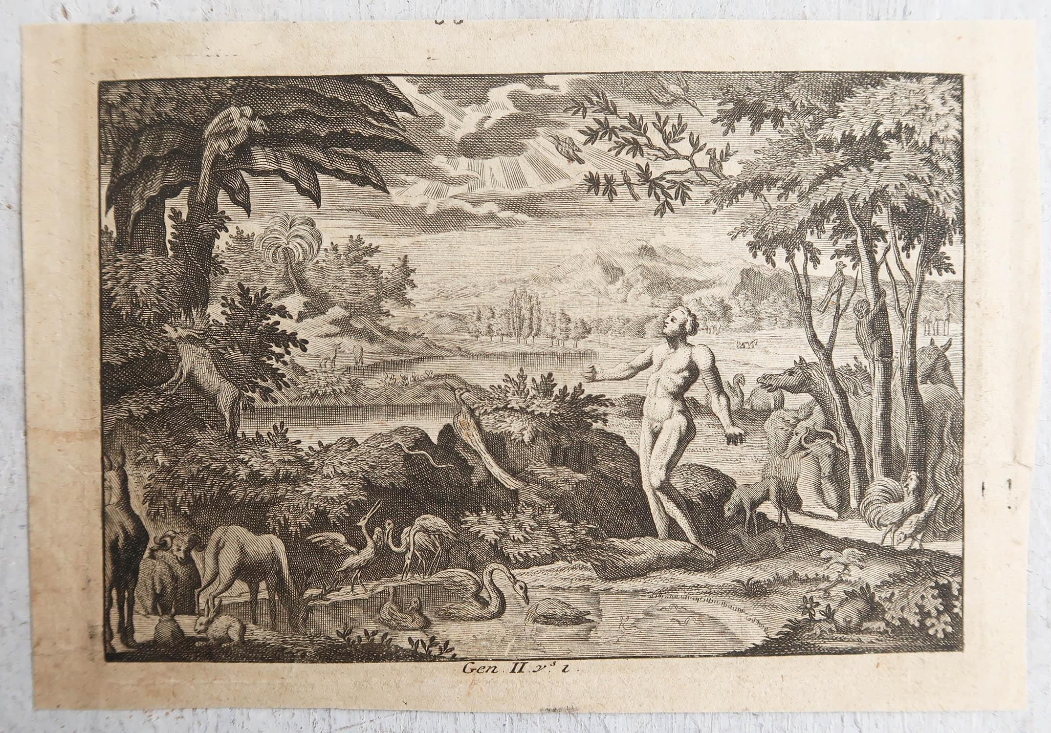 Néerlandais Impression d'origine ancienne d'après Jan Luyken, Amsterdam, Genesis II, 1724 en vente