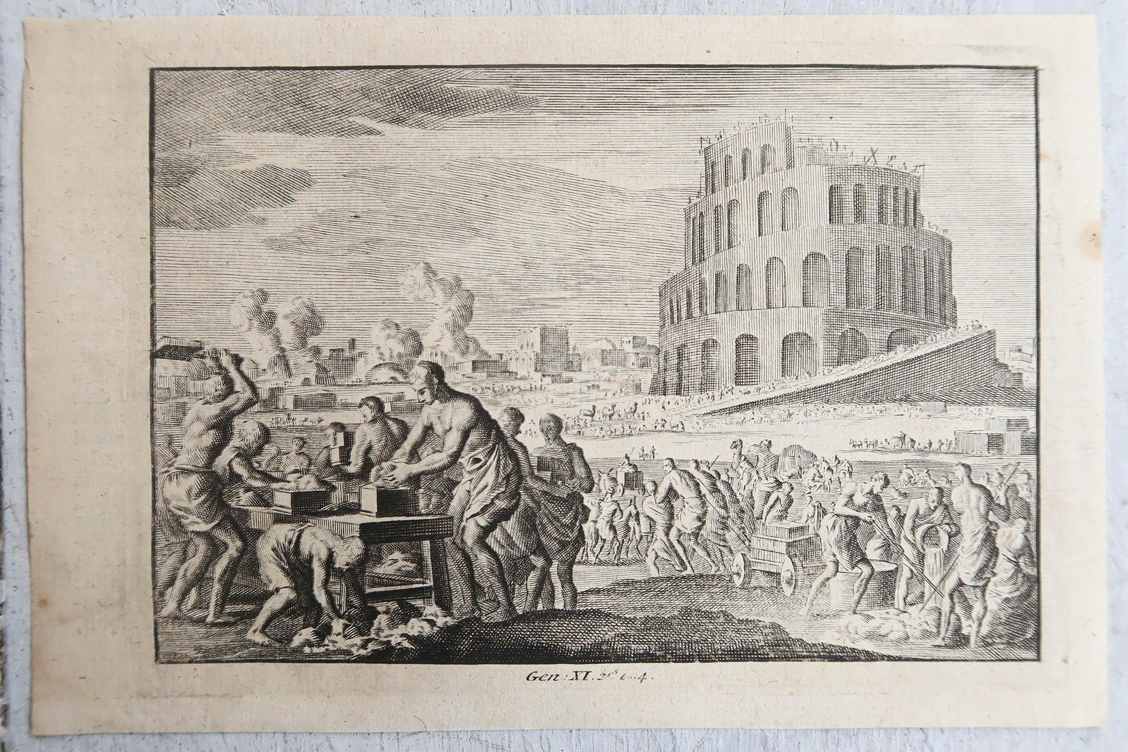 Néerlandais Impression originale et ancienne d'après Jan Luyken, Amsterdam. Genèse XI. 1724 en vente