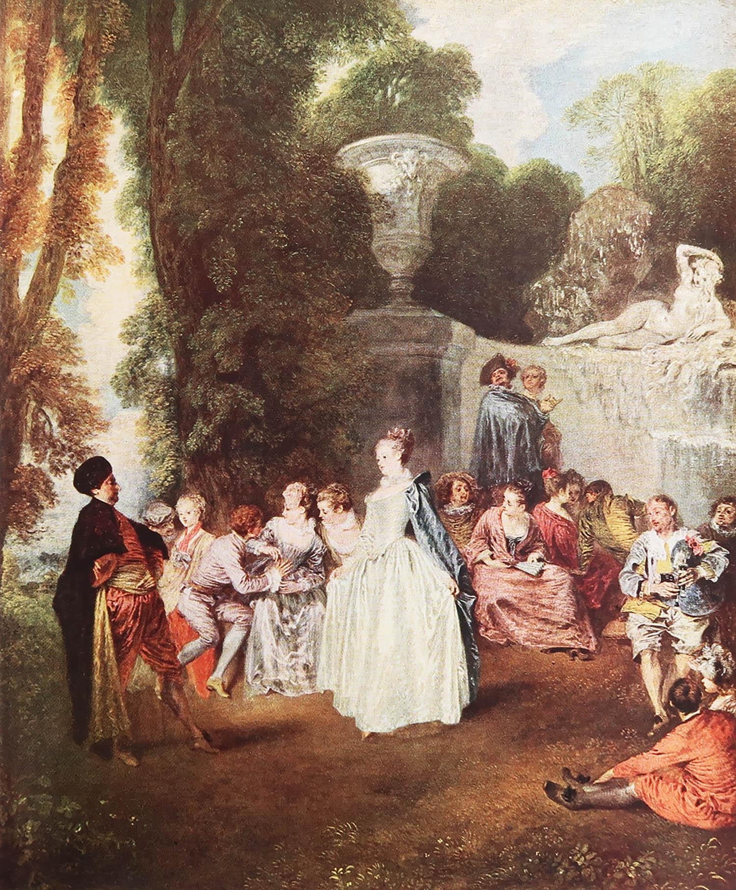 Wonderful print after Watteau

Lovely colors.

Tipped in plate on good quality paper

Chromolithograph 

Published circa 1920

The measurement given below is the white paper size, not the actual image.

Unframed.


