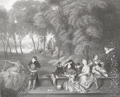 Original Antique Print After Jean-Antoine Watteau " The Terrace ". C.1850