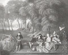 Original Antique Print After Jean-Antoine Watteau " The Terrace ". C.1850