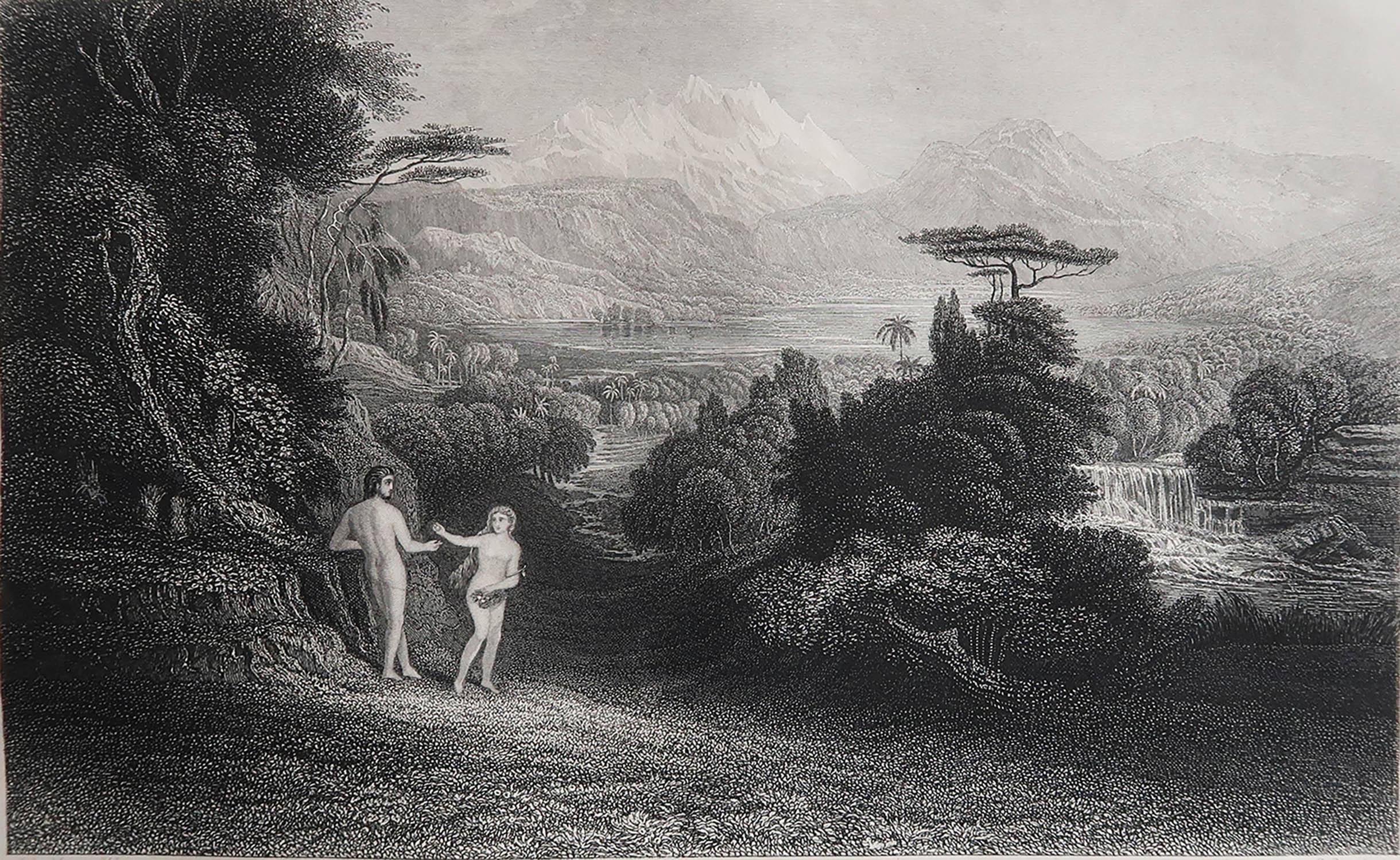 Sensational image by John Martin.

Steel engraving after a drawing by John Martin. 

Published by Sangster

Unframed.

Repair to a minor tear top edge of margin

