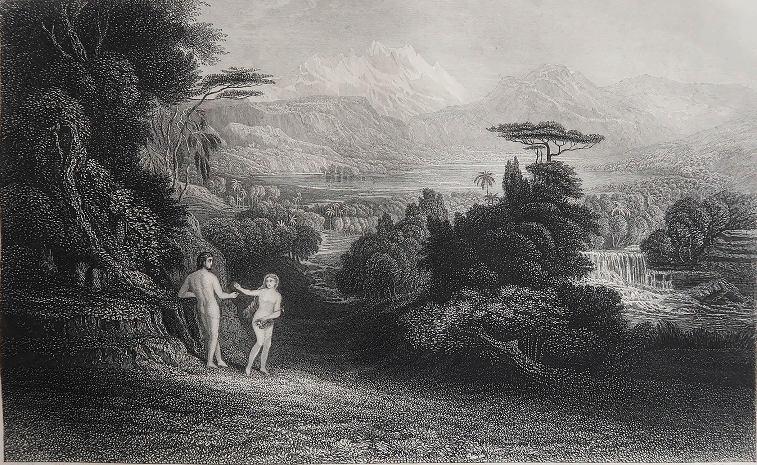 Sensacional imagen de John Martin.

Grabado en acero según un dibujo de John Martin. 

Publicado por Sangster

Sin enmarcar.

Reparación de un pequeño desgarro en el borde superior del margen

