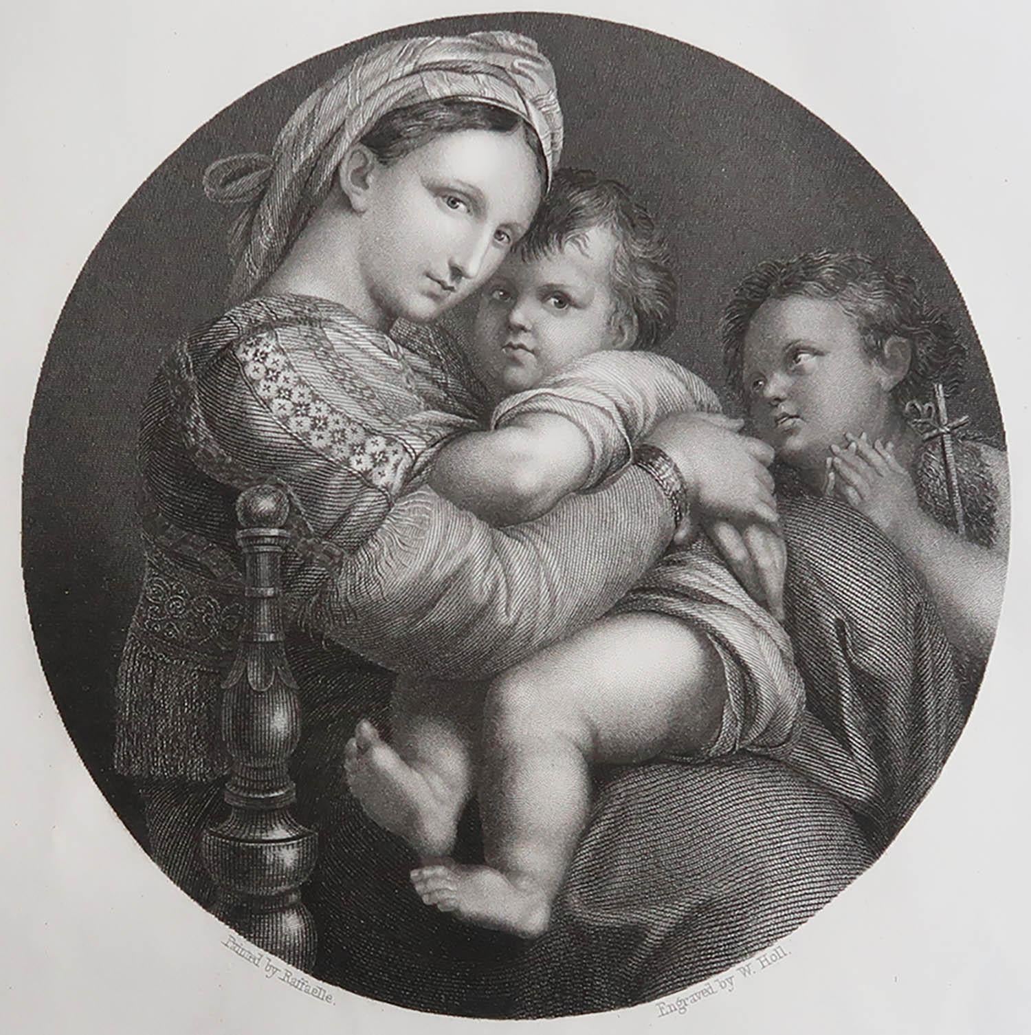 Wonderful image after Raphael.

Fine Steel engraving. 

Published by Fisher, London. circa 1840

Unframed.

