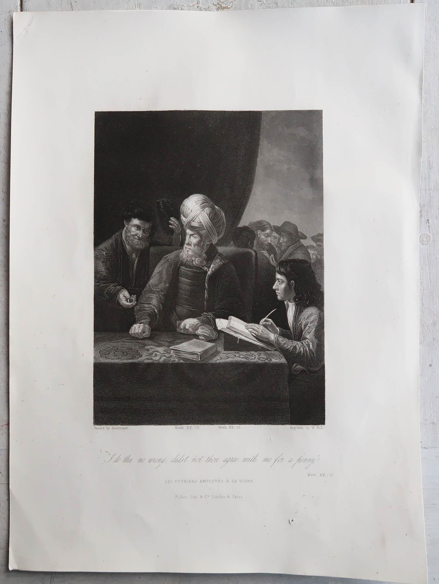 English Original Antique Print After Rembrandt, Labourers in the Vineyard, circa 1840 For Sale