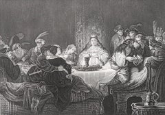 Original Antique Print After Rembrandt " The Feast of Ahasuerus ". C.1850