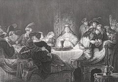 Original Antique Print After Rembrandt " The Feast of Ahasuerus ". C.1850