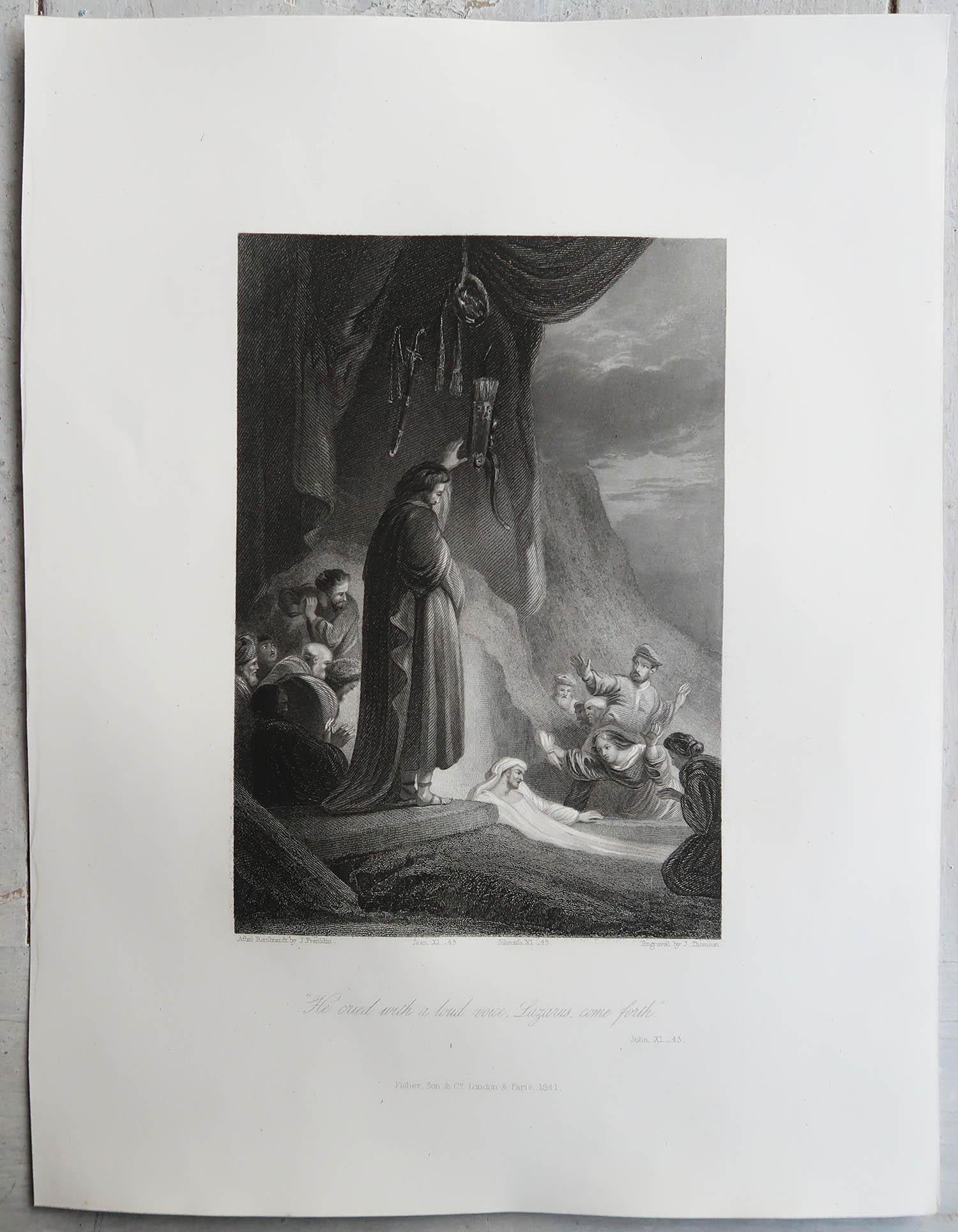 English Original Antique Print After Rembrandt, the Raising of Lazarus, Dated 1841