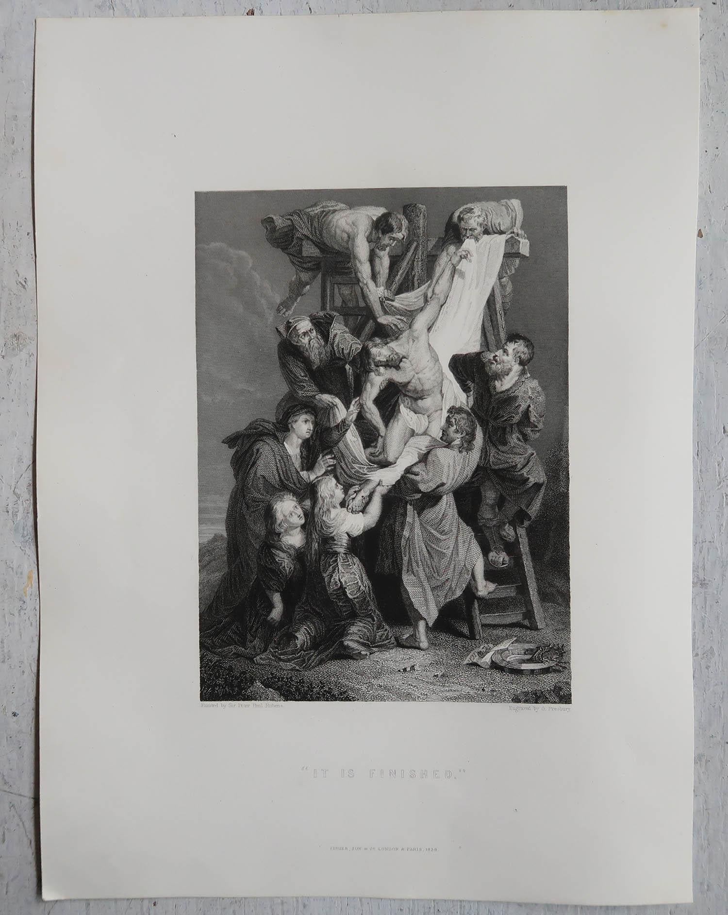 Renaissance Original Antique Print After Rubens, Jesus Christ Descent from the Cross, 1838