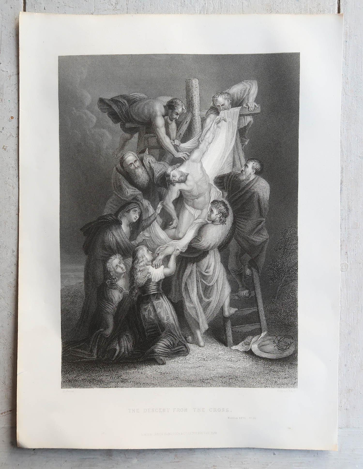 Renaissance Original Antique Print After Rubens, Jesus Christ Descent from the Cross, C.1850 For Sale