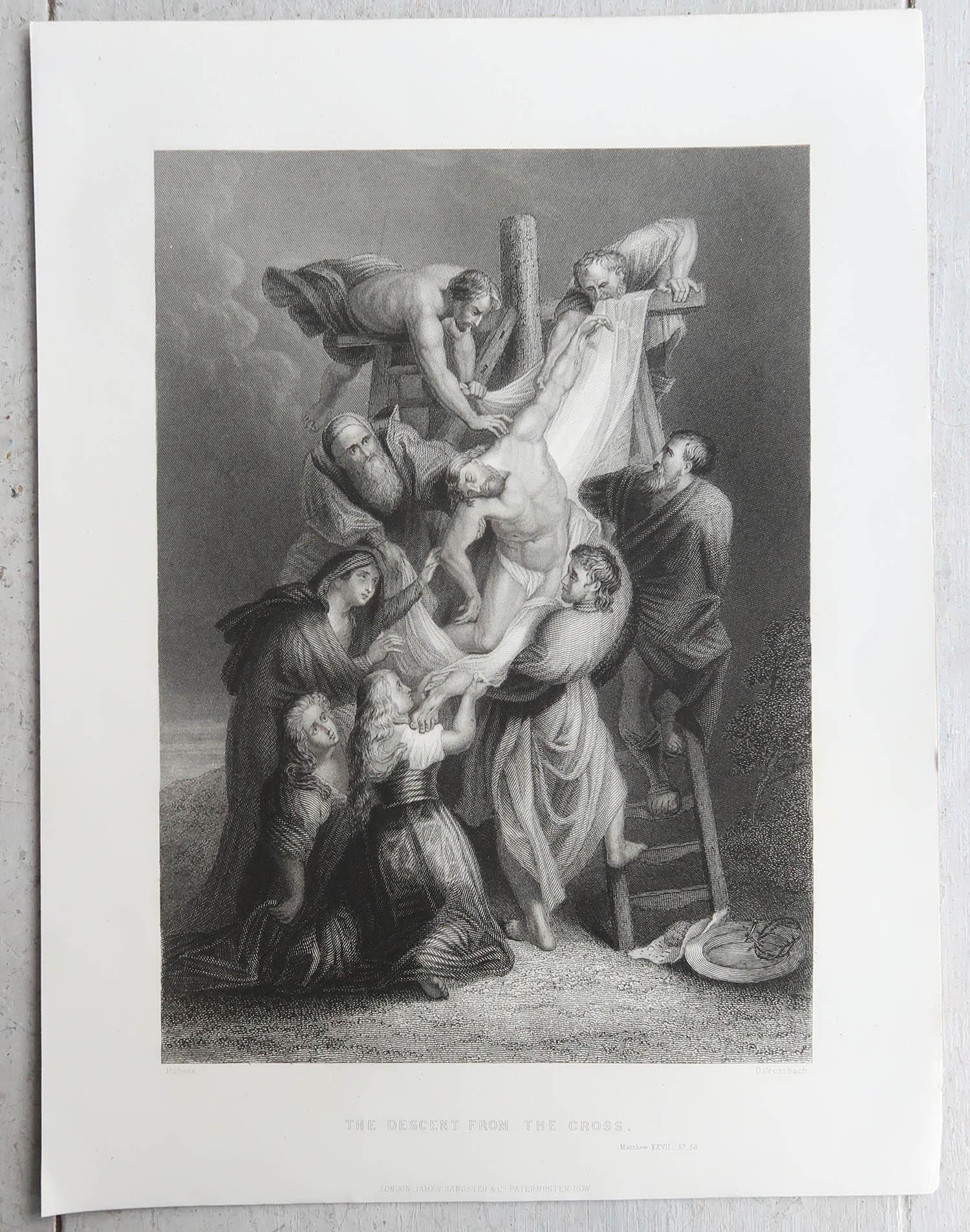 Grabado Original Antiguo Según Rubens, Jesucristo Descendiendo de la Cruz, C.1850 Inglés en venta