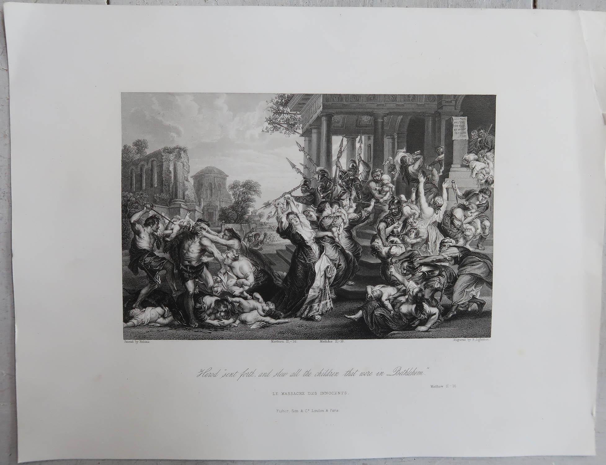 Renaissance Impression originale et ancienne d'après Rubens. Le massacre des Innocents. C.1840 en vente