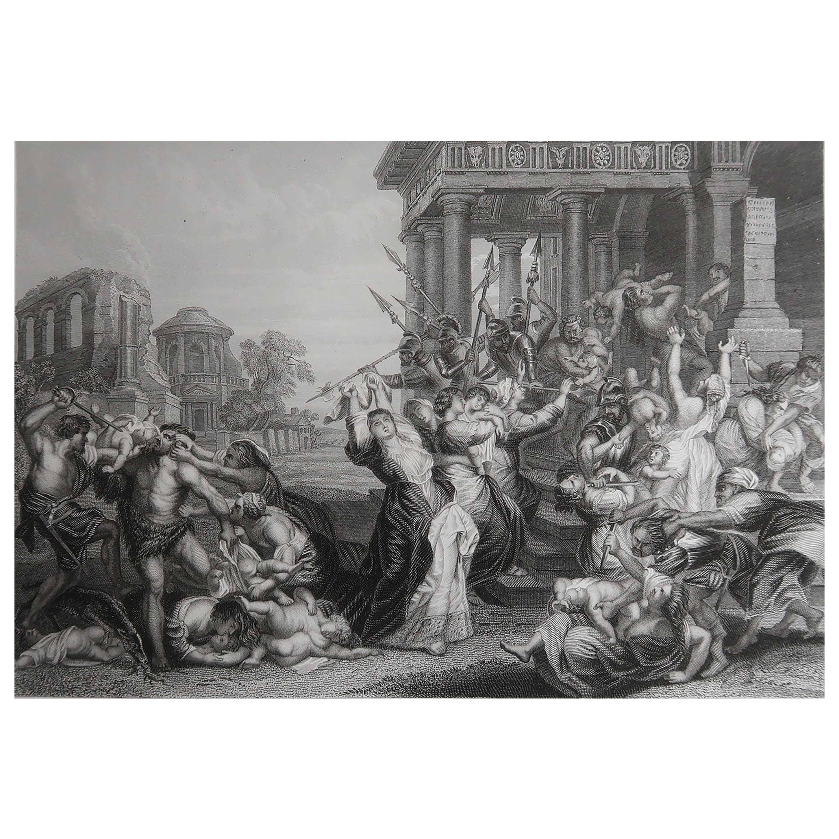 Gravure ancienne originale d'après Rubens. Le massacre des innocents. C.1850 en vente