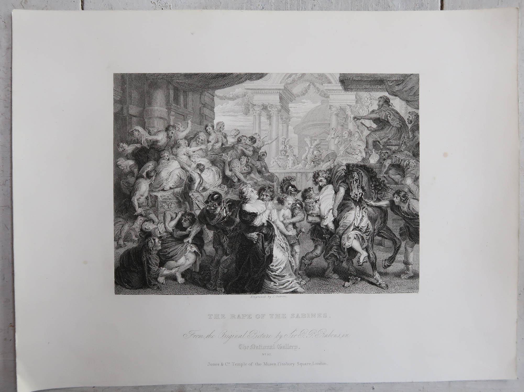 Renaissance Impression originale et ancienne d'après Rubens. Le Rape des Sabines. C.1840 en vente
