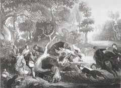 Grabado Original Antiguo Según Rubens " Caza del Jabalí ". C.1850