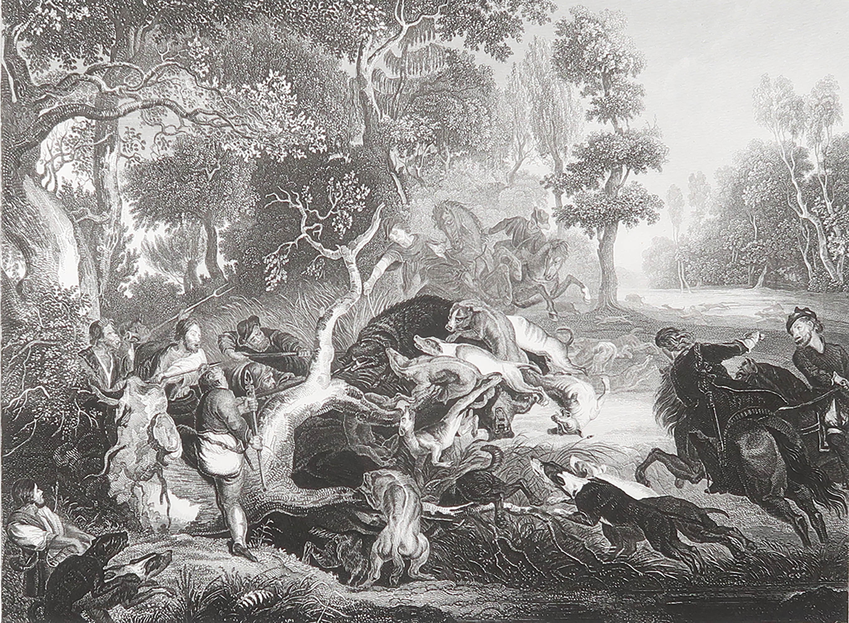 Original Antique Print After Rubens " Wild Boar Hunt ". C.1850
