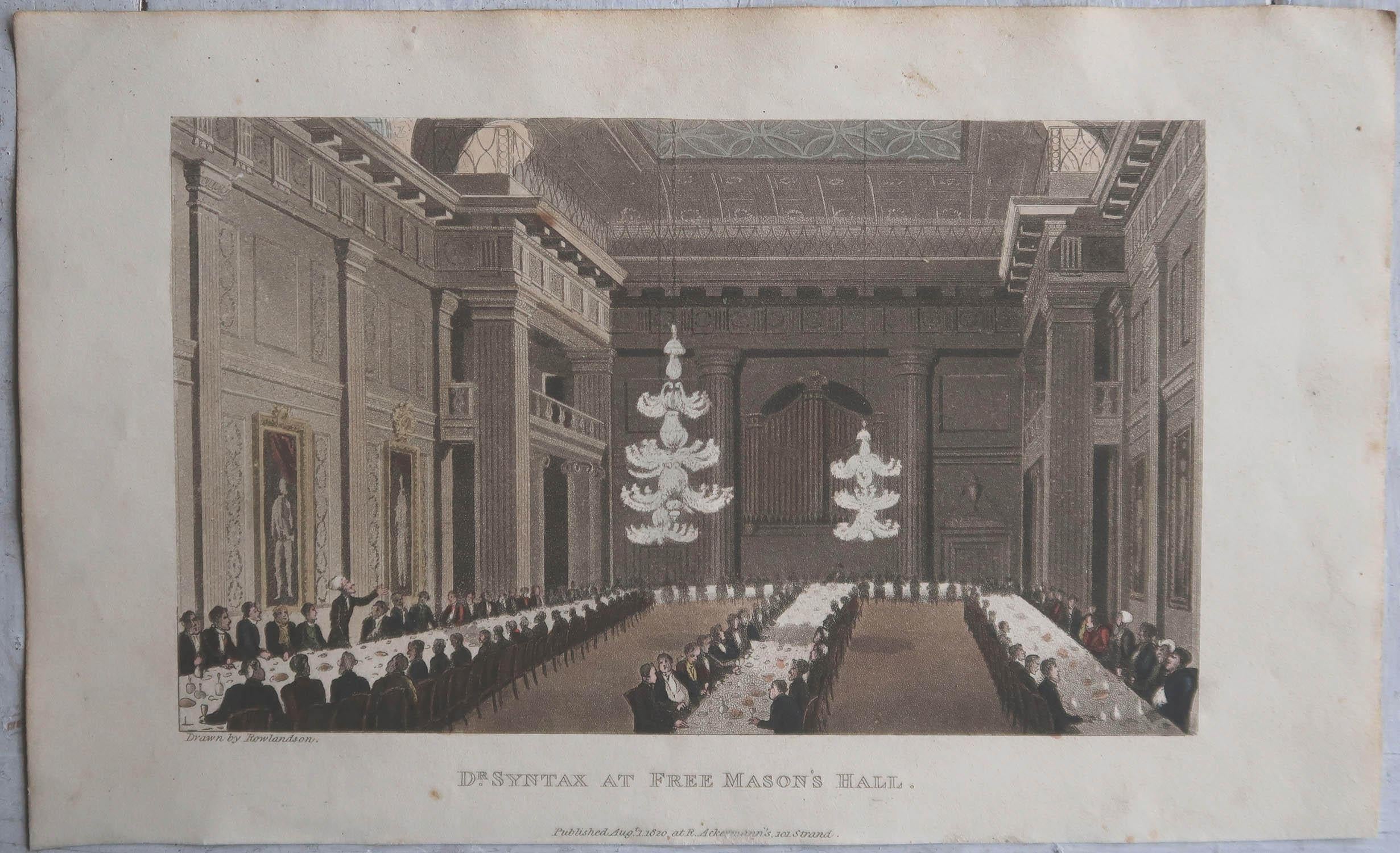 English Original Antique Print After Thomas Rowlandson, at Free Masons Hall, 1820 For Sale
