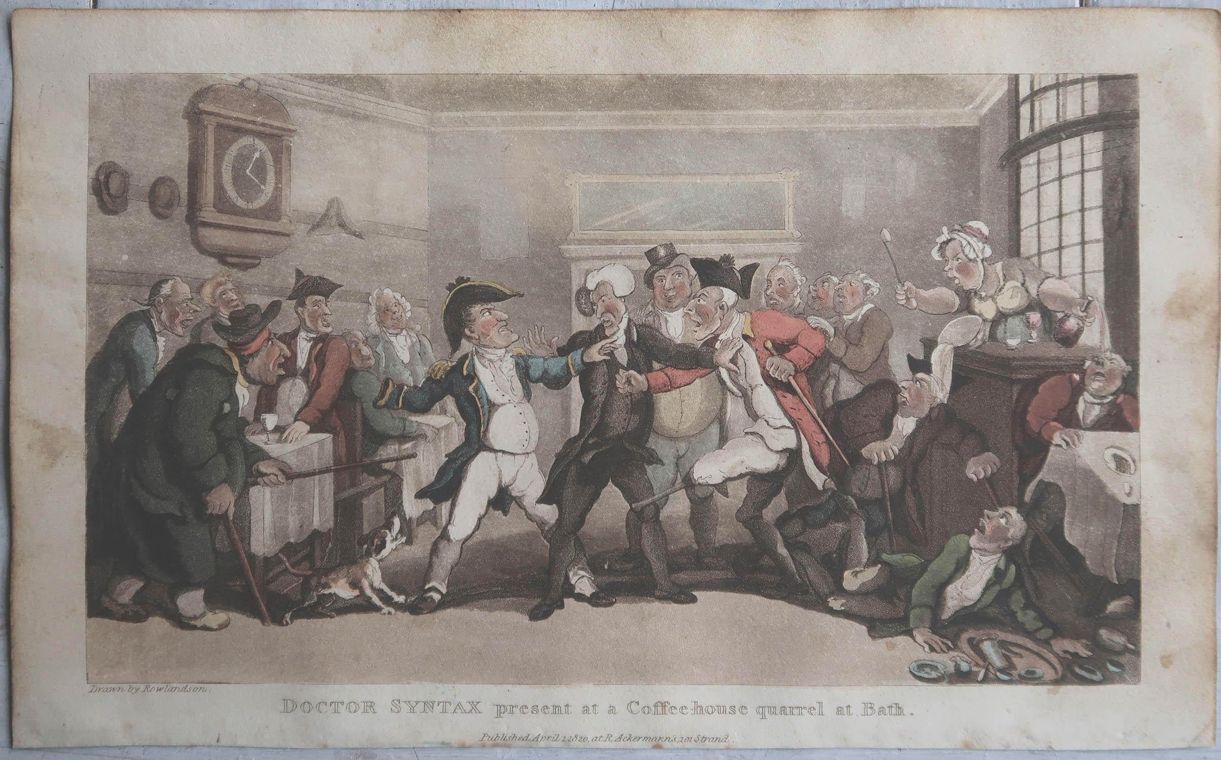 Georgian Original Antique Print After Thomas Rowlandson, Coffee-House Quarrel, 1820 For Sale