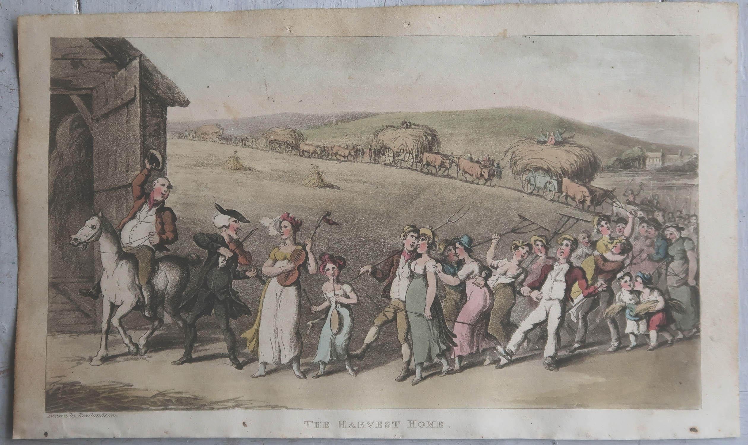 English Original Antique Print After Thomas Rowlandson, Harvest Home, 1820 For Sale