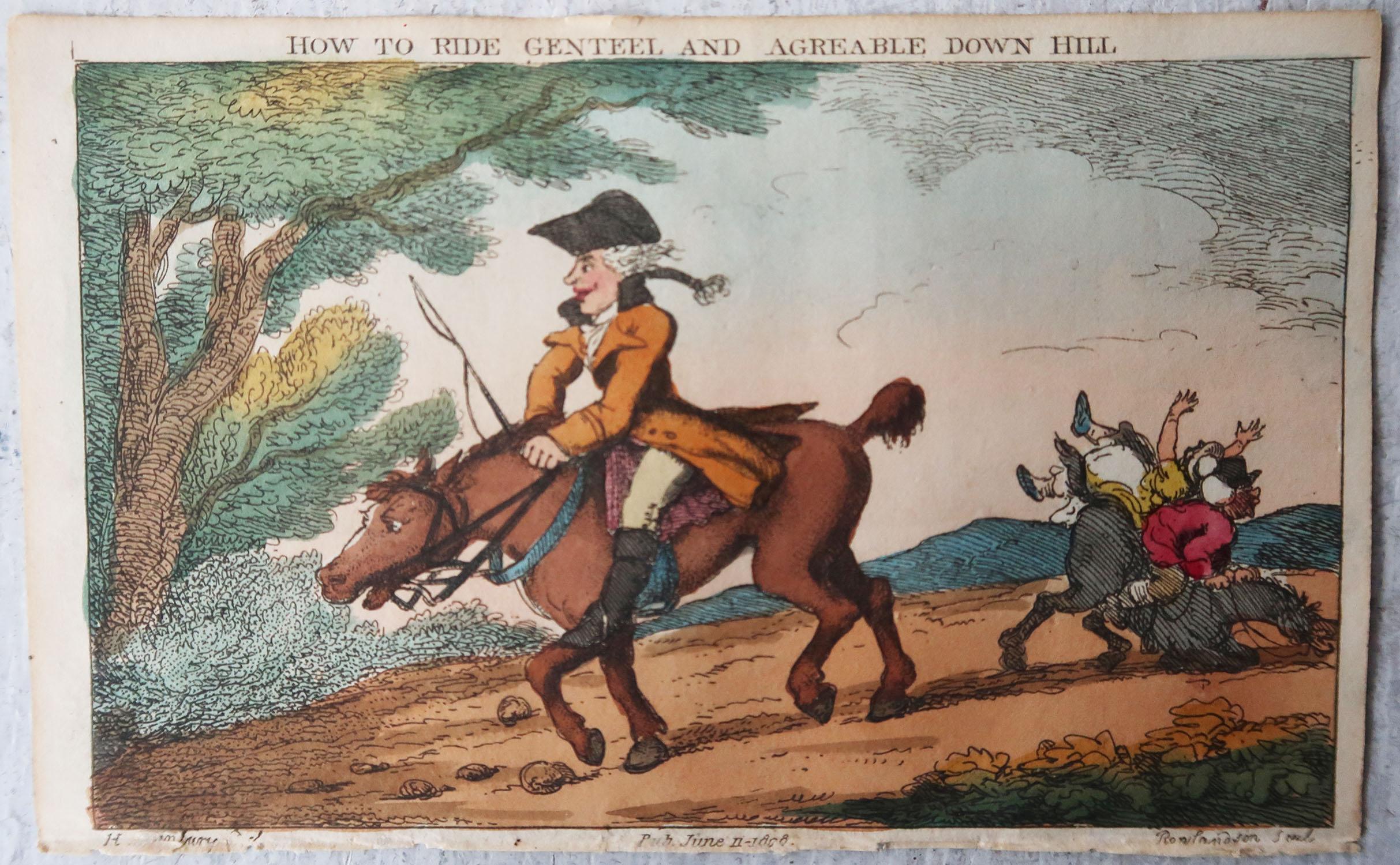 Georgian Original Antique Print After Thomas Rowlandson, How To Ride Genteel Down Hill.  For Sale