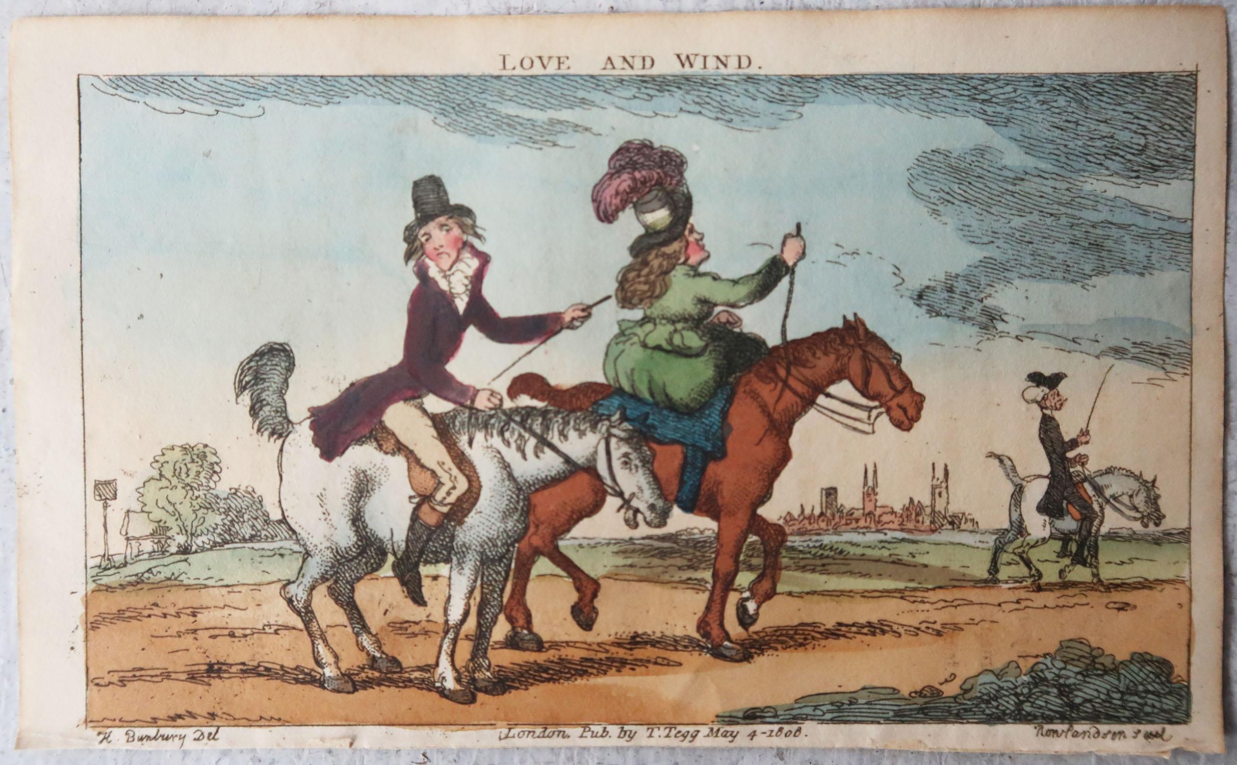 Georgian Original Antique Print After Thomas Rowlandson, Love And Wind. Dated 1808 For Sale