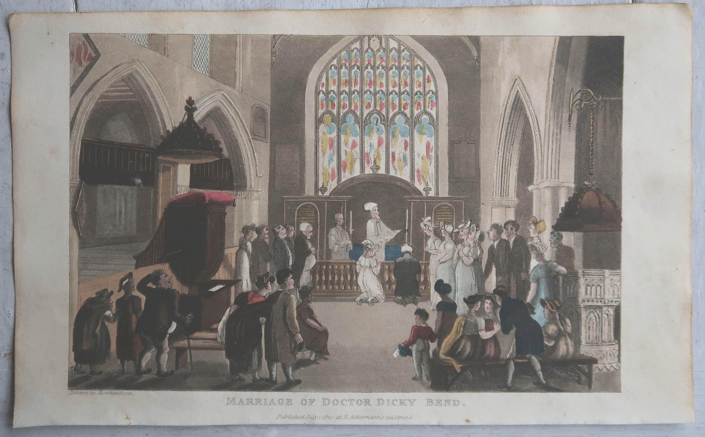 Georgien Impression ancienne d'origine d'après Thomas Rowlandson, mariage de Dicky Bend, 1820 en vente