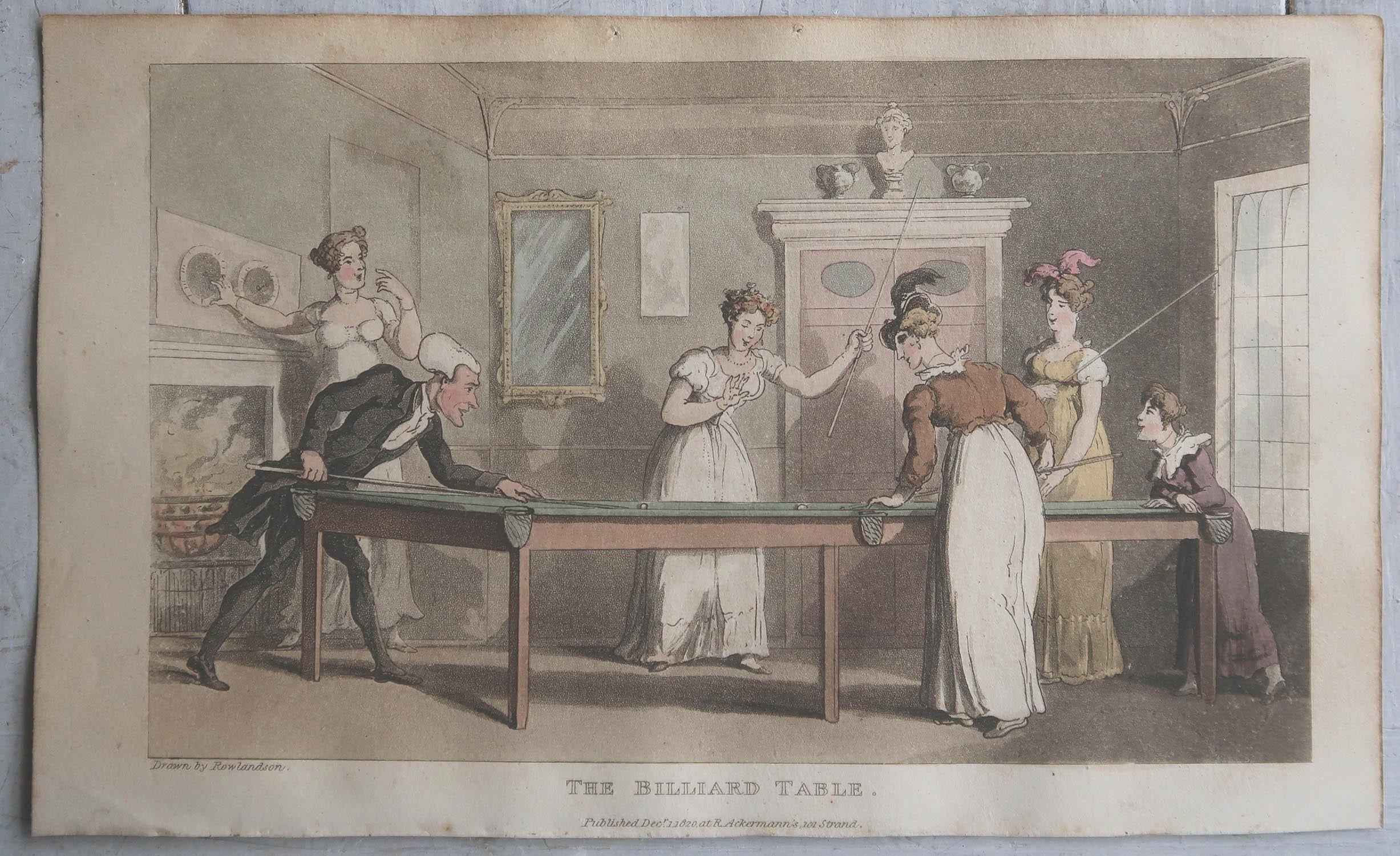 English Original Antique Print After Thomas Rowlandson, Playing Billiards, 1820 For Sale