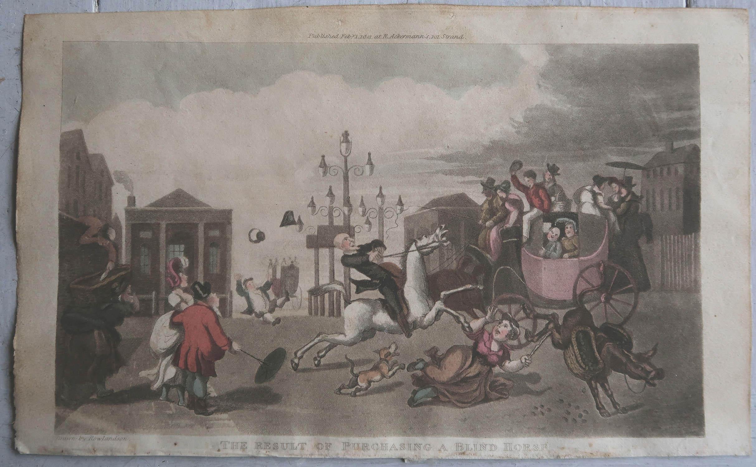 English Original Antique Print After Thomas Rowlandson, Purchasing a Blind Horse, 1821 For Sale